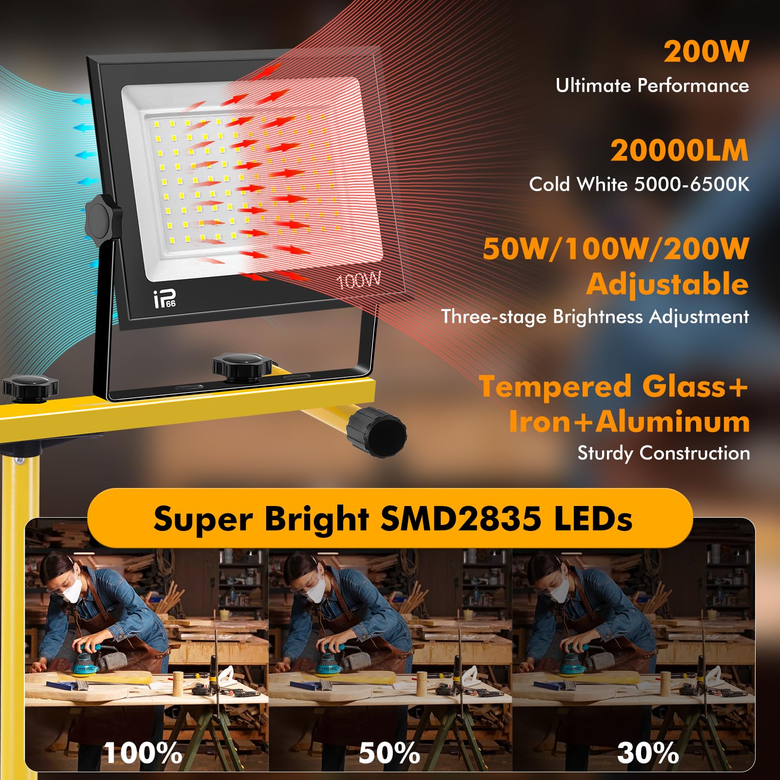 Projecteur LED Chantier avec Trépied, 200W 20000LM 6500K Projecteur Chantier vec Trépied Réglable, Rotation à 360°, luminosité réglable 200W 100W 50W, Étanche IP66 Projecteur de Chantier Pour Chantier