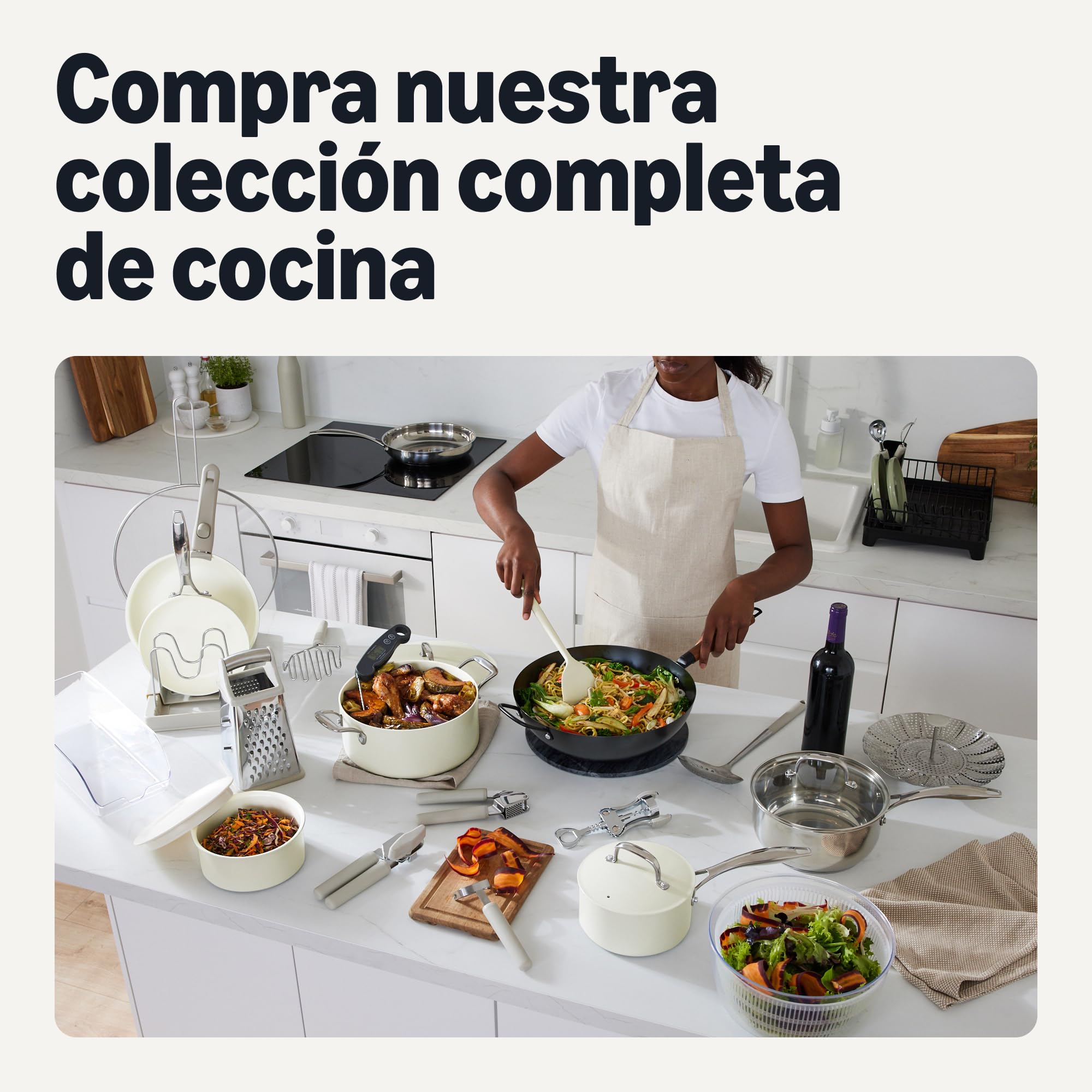 Amazon Basics Batería de Cocina Antiadherente de Cerámica, Juego de 3 Sartenes, Compatibles con Todo Tipo de Fuegos, Aptas para Lavavajillas, Marfil