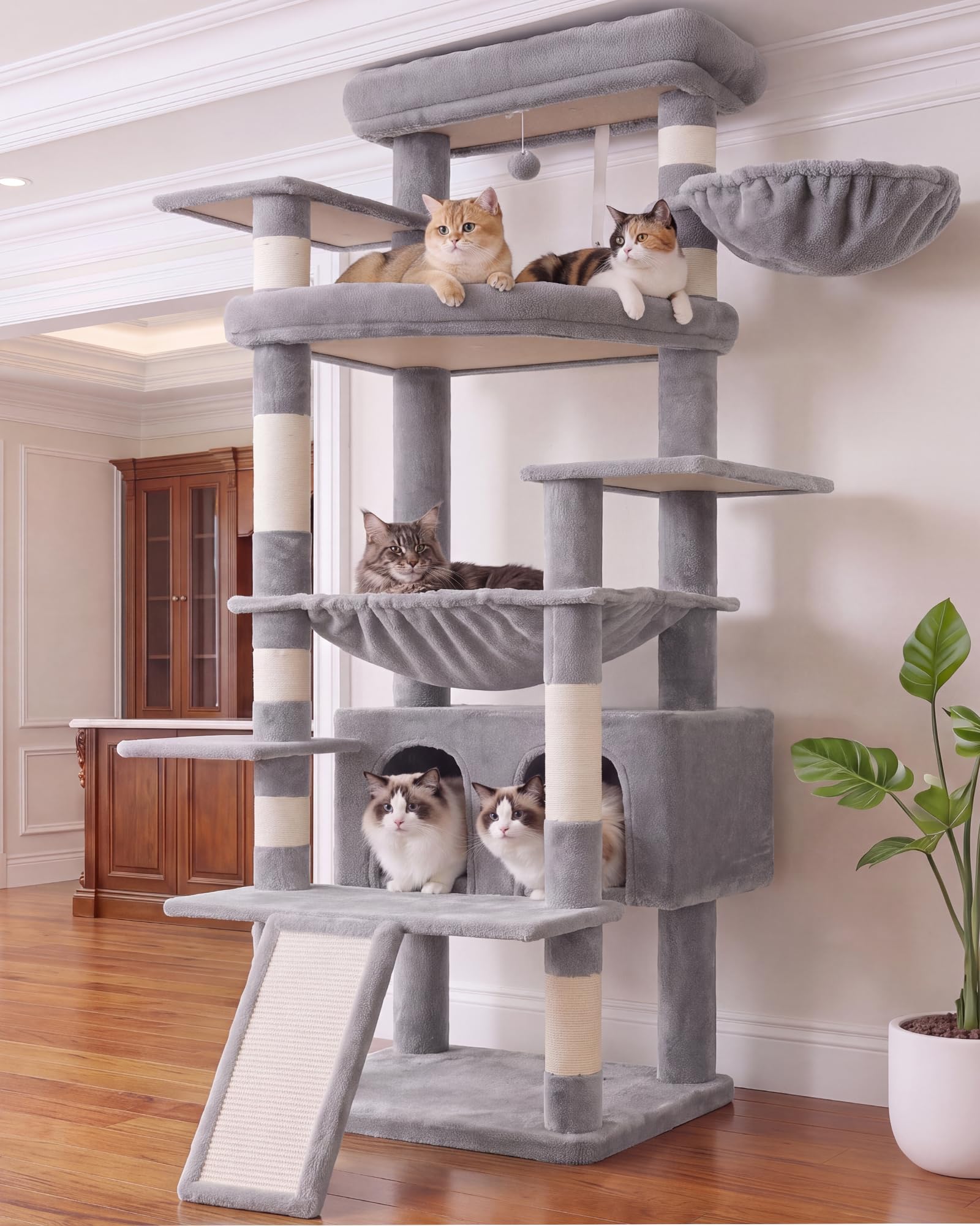 Heybly Tall Cat Tree for Large Cat, 75.2-inch Multi-Level Cat Tower HCT038W
