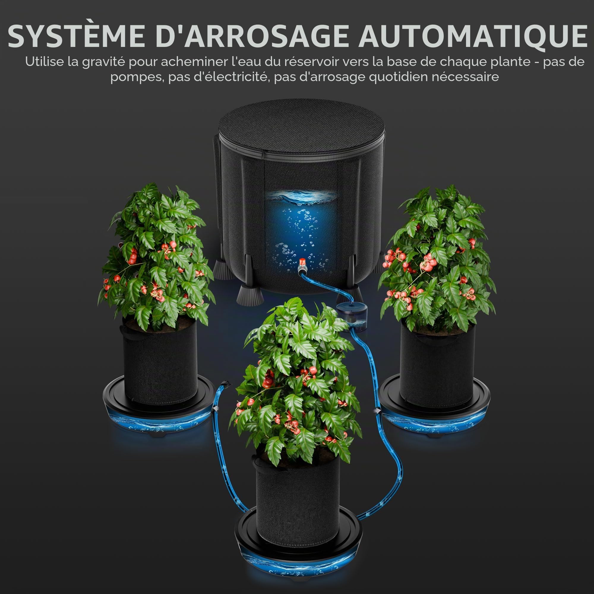 Spider Farmer Lot de 3 systèmes d'irrigation automatique alimenté par gravité sans électricité avec réservoir d'eau de 50 l, base en tissu avec système d'irrigation à mèche pour tente de culture