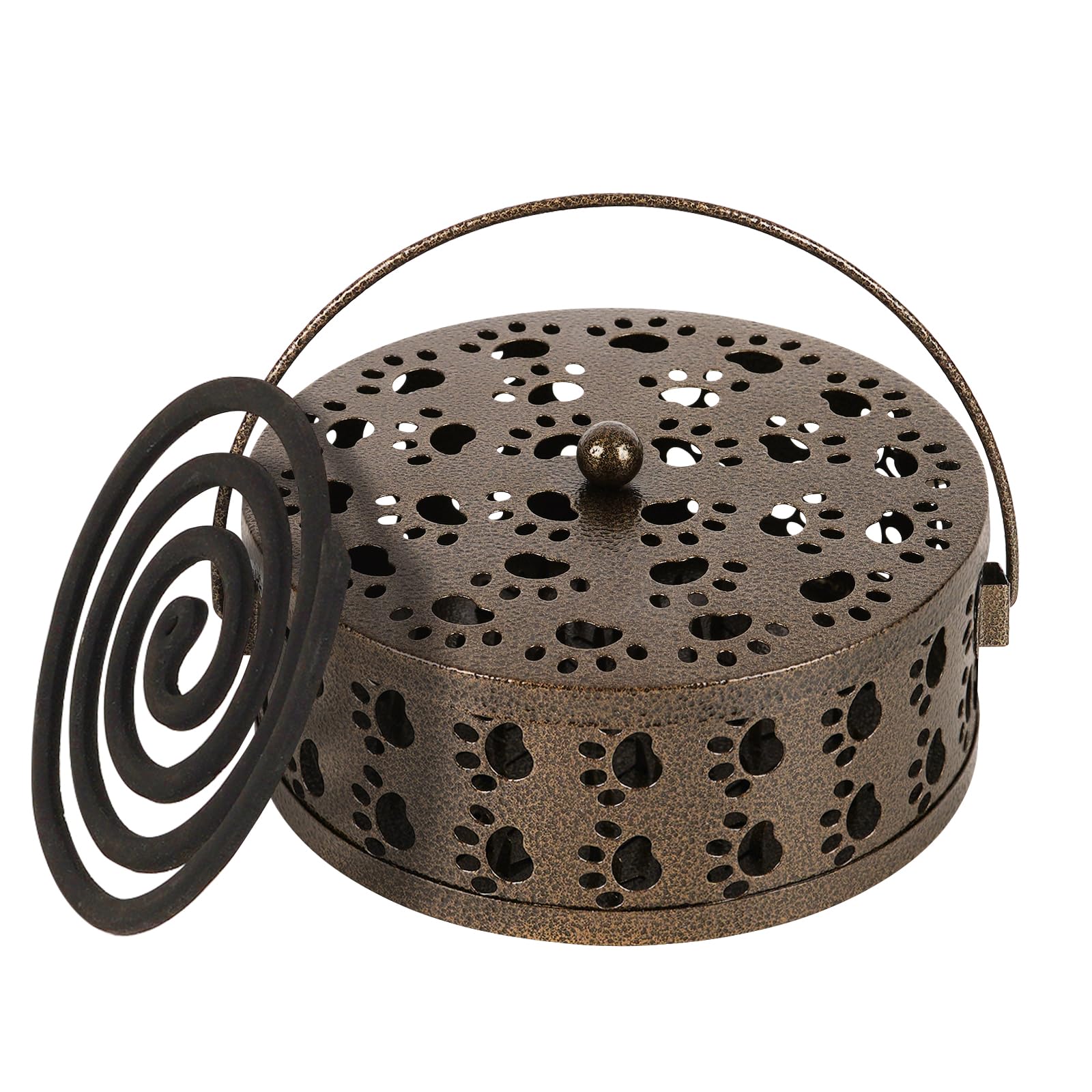 Whiidoom Portable Mosquito Coil Holder, Iron Mosquito Incense Holder with Handle for Home, Office, Camping with Cat Paw Cutout Design (Bronze)