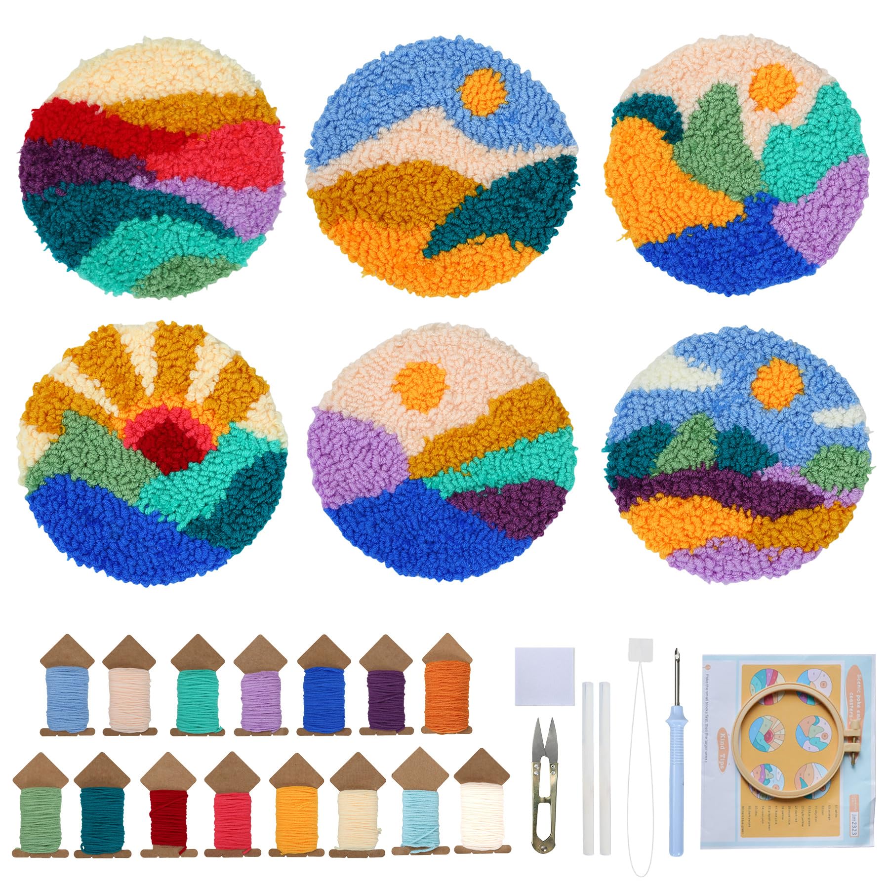 ERNTRNL Punch Needle Kits for Adults Beginner - Punch Needle Coasters Embroidery Kit, 6 Pattern DIY Punch Stitching Kit with Tools, Yarns, Hoop, Instruction (Circular)