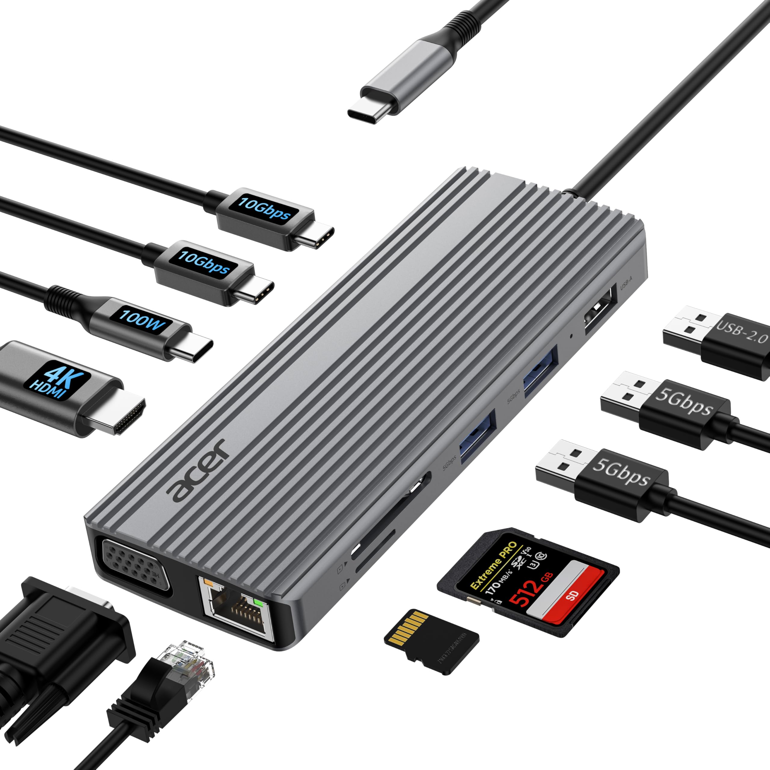 acer USB C Docking Station 11-IN-1, USB-C auf 4K@60Hz HDMI, 1080P VGA, 2x10Gbps Typ-C, 2x5Gbps USB-A, USBC PD 100W, 1000Mbps Ethernet, SD/TF Adapter Multiport Hub für Laptop Desktop Tablet usw.