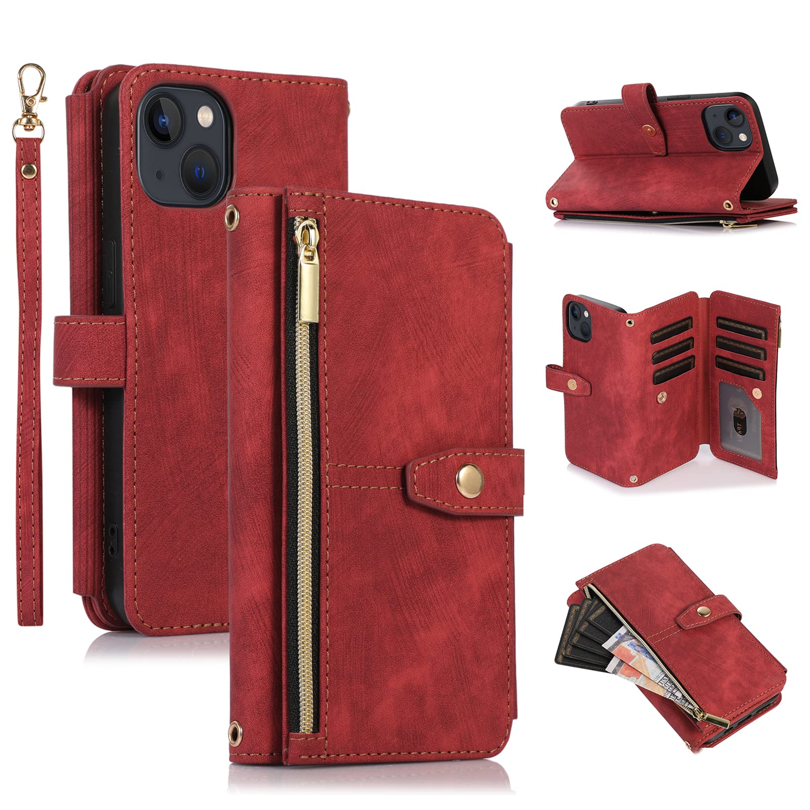 UEEBAI Case for iPhone 13 iPhone 14 6.1 inch, 9 Card Slots Retro Leather Wallet Shockproof Flip Cover with Hand Strap Card Slots Zipper Pocket Kickstand Handbag Magnetic Closure - Retro Red Wine