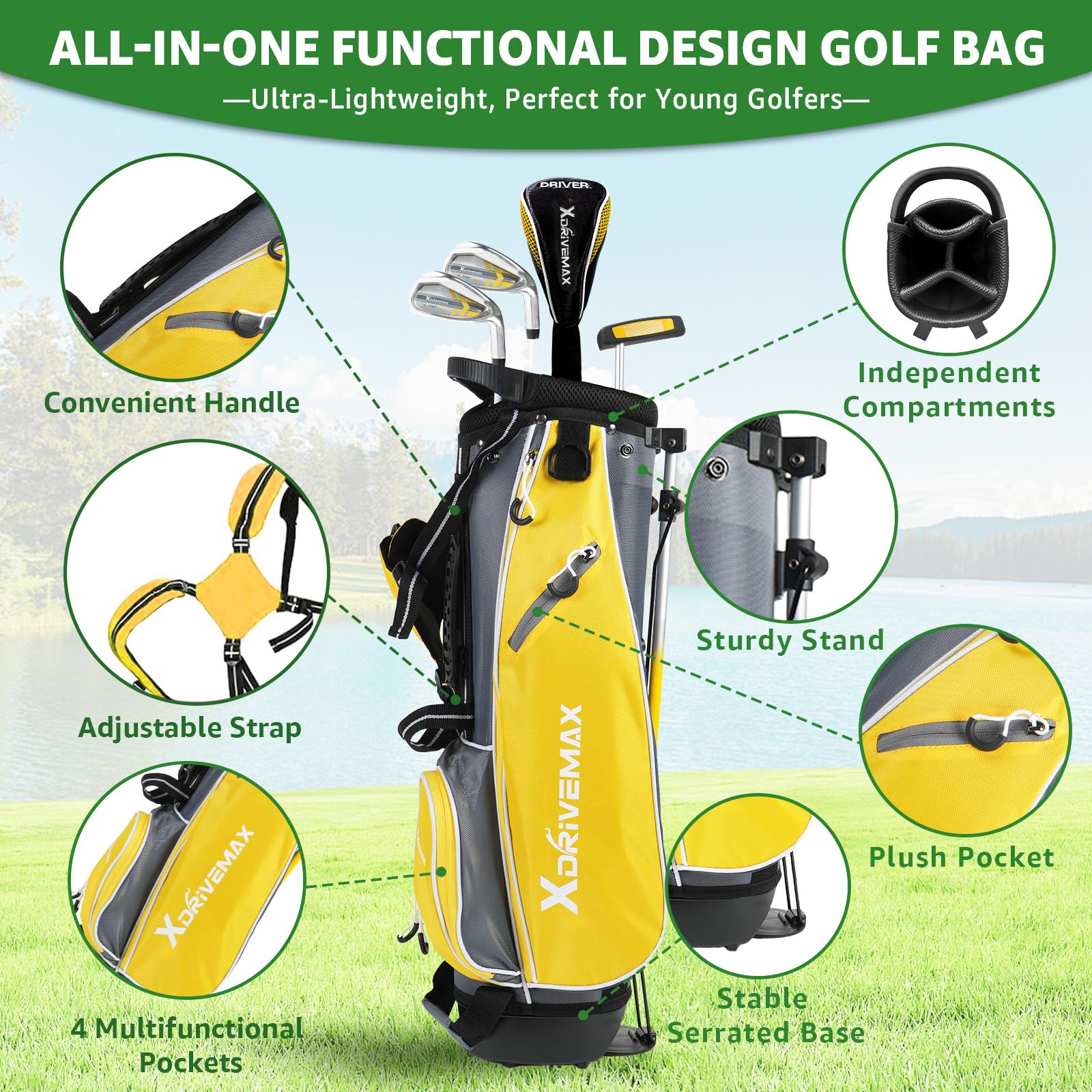 XDriveMax Lot de 5/6 clubs de golf pour enfants de 4 à 12 ans avec sac de support, entraînement 1#, hybride 5#, 6/7#, 9/P# et putter droitier pour garçons et filles