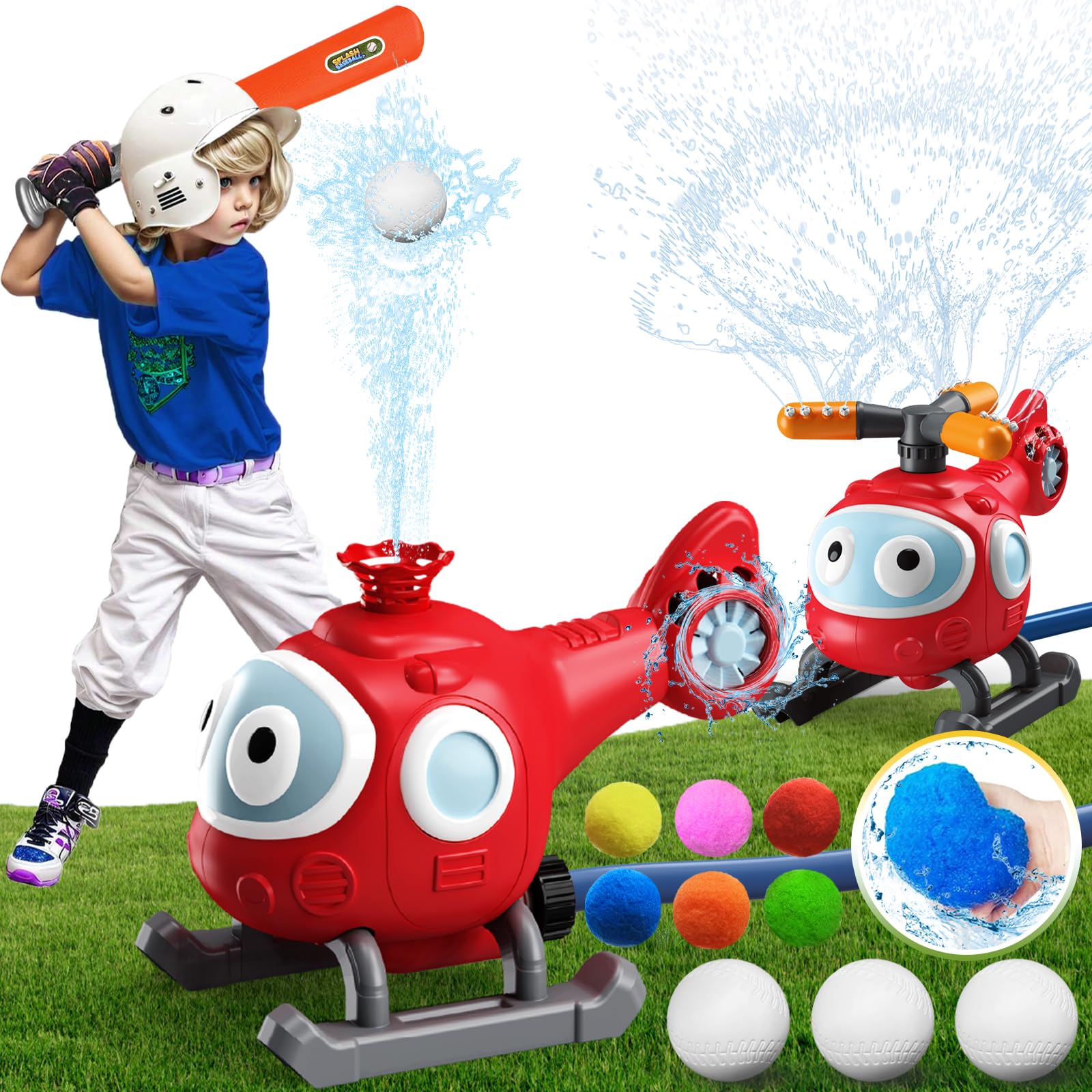 CozyJoyz 3-in-1 Water Sprinkler Baseball Toy, Helicopter Sprinklers Set with 2 Spray Modes & Water Balls, Summer Outdoor W...