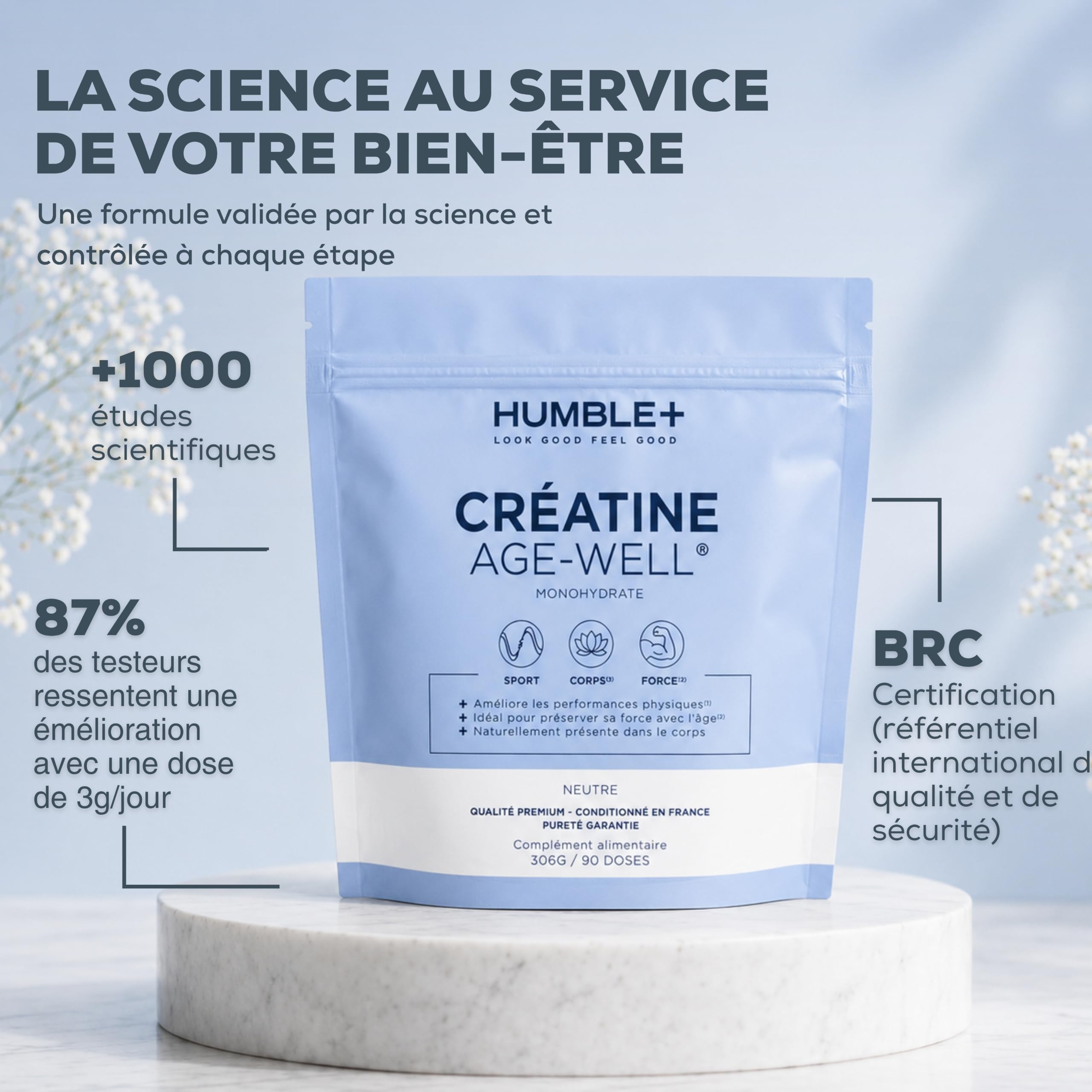 HUMBLE+ Créatine Monohydrate Age-Well® en Poudre (pureté 99,9%) - Supplément de Créatine Premium pour les Performances Physiques - Hautement Dosée - 306 g, 90 Portions - Marque Française