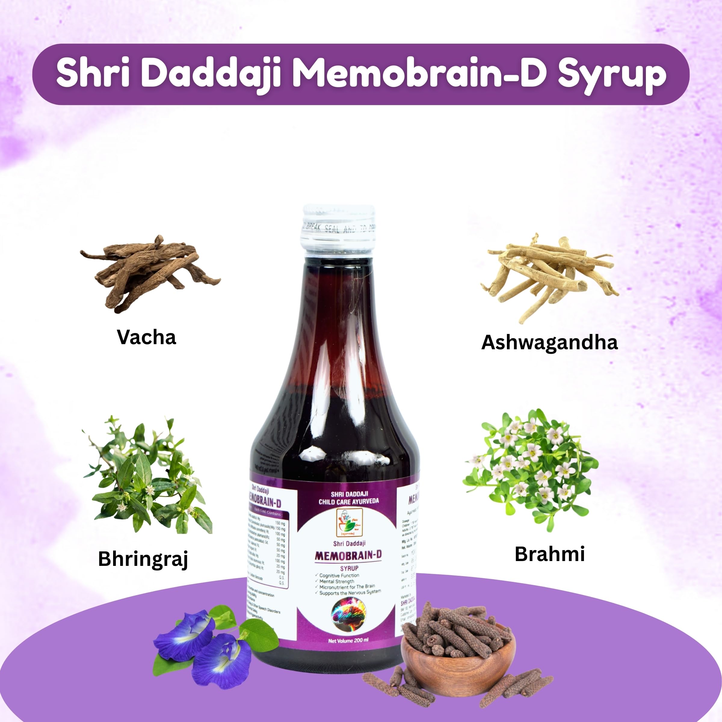 Shri Daddaji Memobrain-D Syrup 200ml | Ayurvedic Brain Tonic for Kids | Supports Cognitive Function, Mental Strength, Speech Delay, Concentration & Hyperactivity | Herbal Memory Booster - Image 6 thumbnail