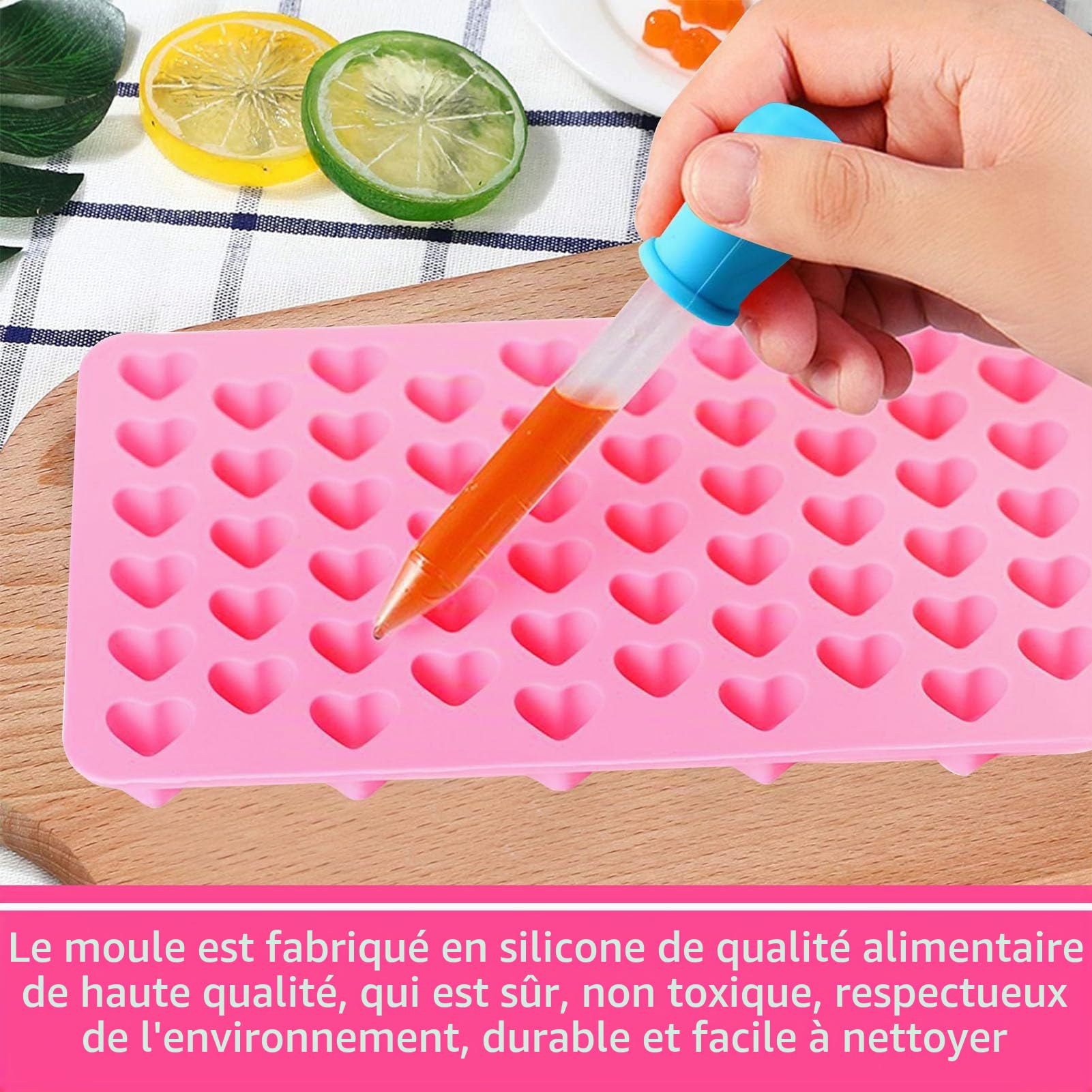 Moules en Silicone pour Oursons, Anti-adhésif, Forme de Cœur, 55 Cœurs/50, Lot de 2 avec Compte-gouttes
