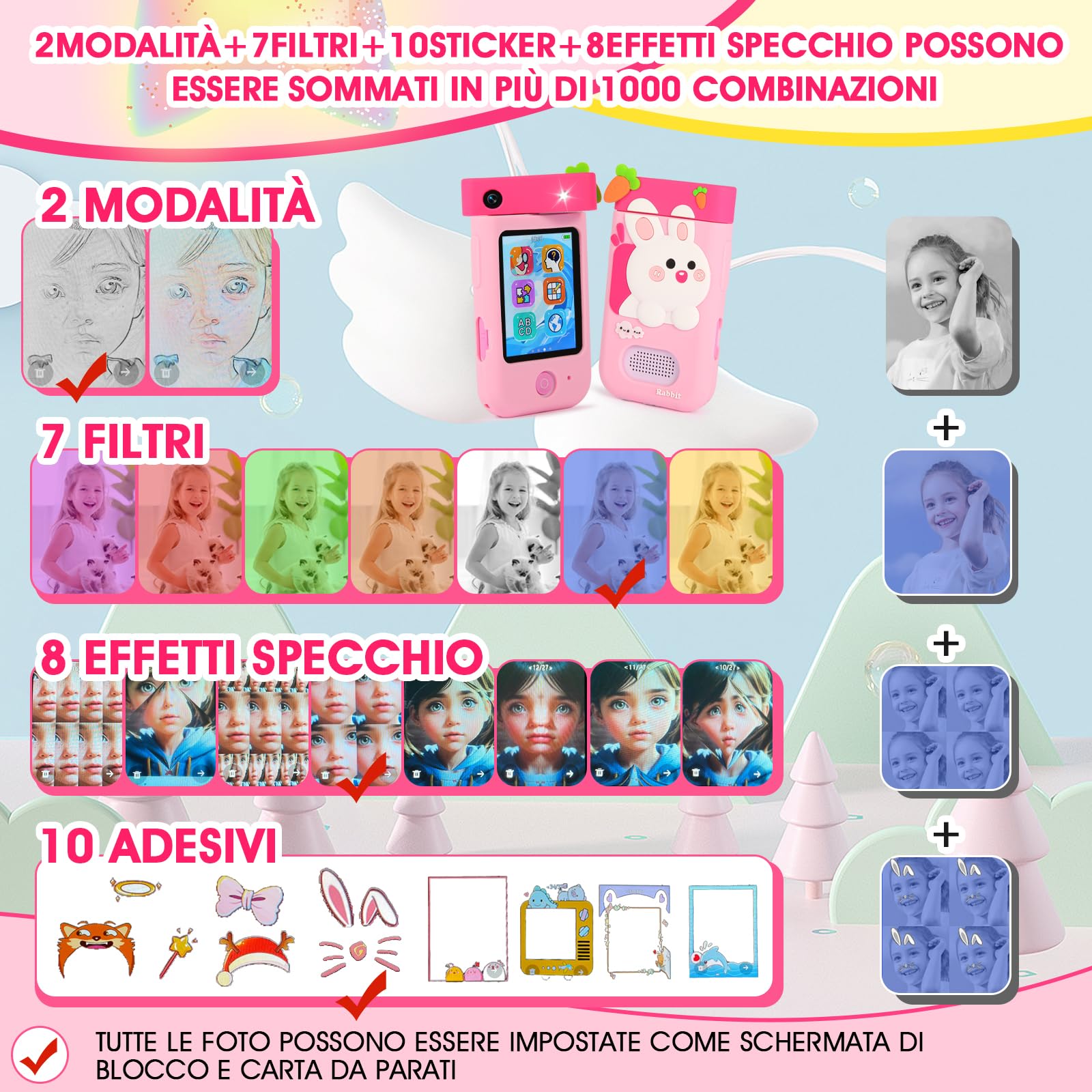Telefono Per Bambini, ZUEOKAI Macchina Fotografica Bambini Touchscreen, 180° Obiettivo, Video 1080P con Custodia Silicone, Regali di Natale e Compleanno per Bambini, Regalo Bambina 3 4 5 6 7 8 Anni