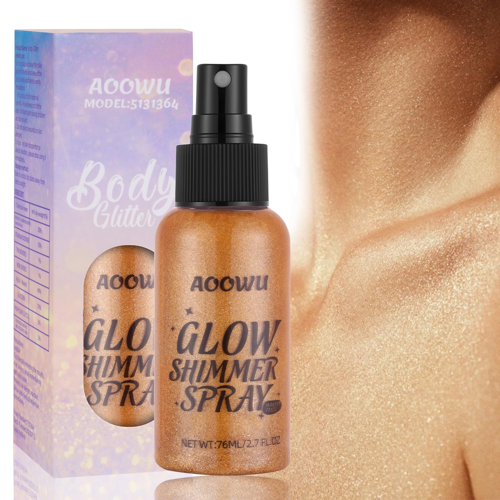 AOOWU Brokatowy spray w proszku, brokat do ciała, brokatowy spray, spray rozjaśniający skórę, migoczący puder do twarzy, ciała, włosów, Halloween, ślub, karnawał, impreza, 01