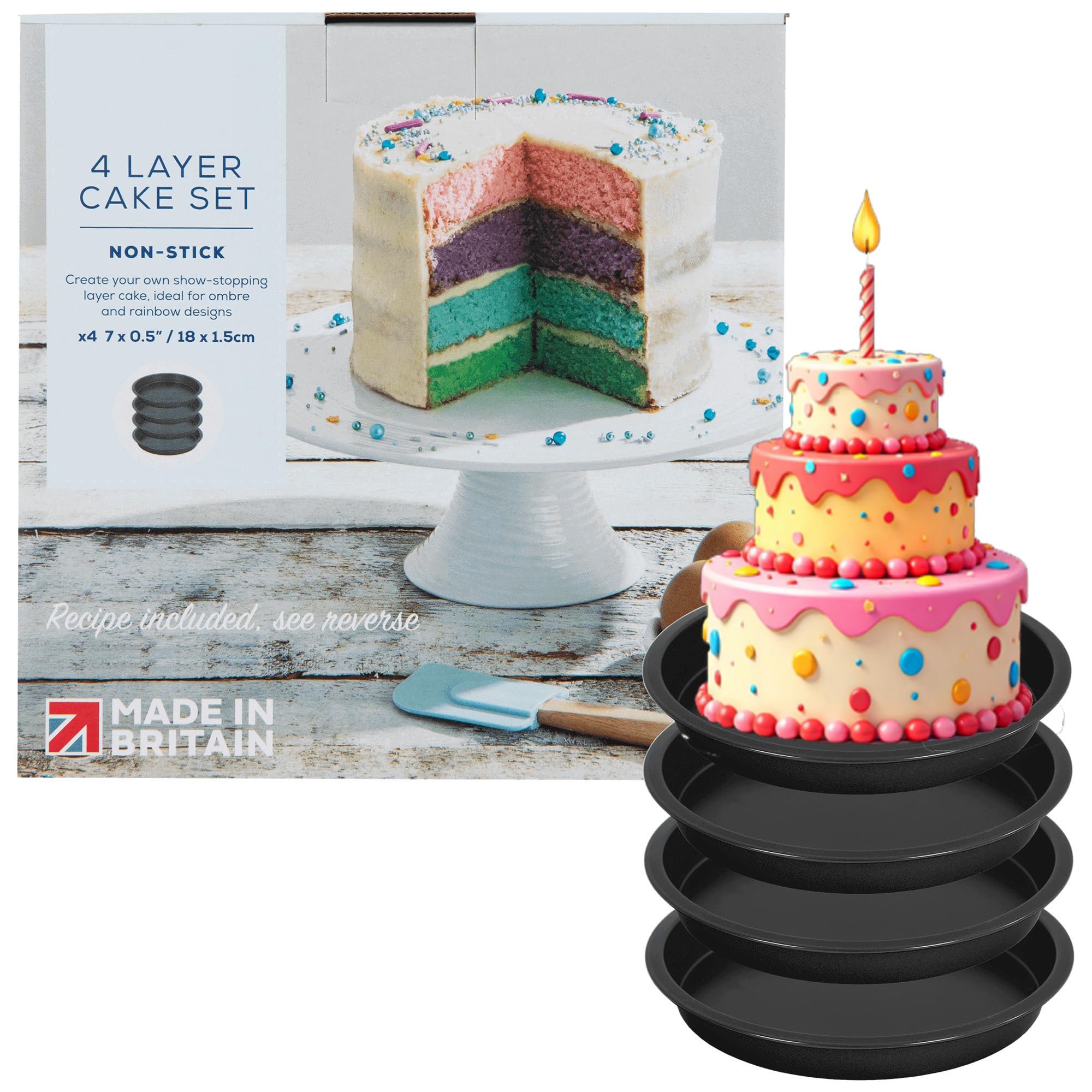 STORM TRADING GROUP 4 Layer Rainbow Cake Set 18cm Four Layers of Moist, Fluffy Cake 4 Pieces Each Layer Black (1 Box Set (4 Trays))