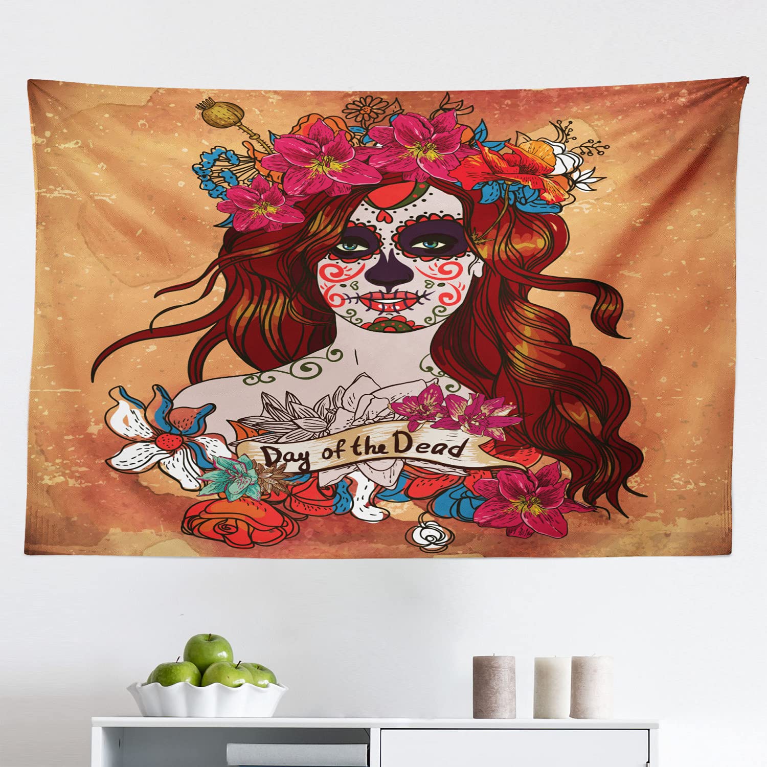Ambesonne Day of the Dead Tapestry, Dia de Los Muertos Spanish Culture Mexican Skull Art, Fabric Wall Hanging Decor for Bedroom Living Room Dorm, 45
