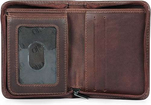 Otto Angelino Cartera plegable con cremallera para hombre con bloqueo RFID, piel de vaca italiana, comodidad de viaje delgada, soporte para tarjeta
