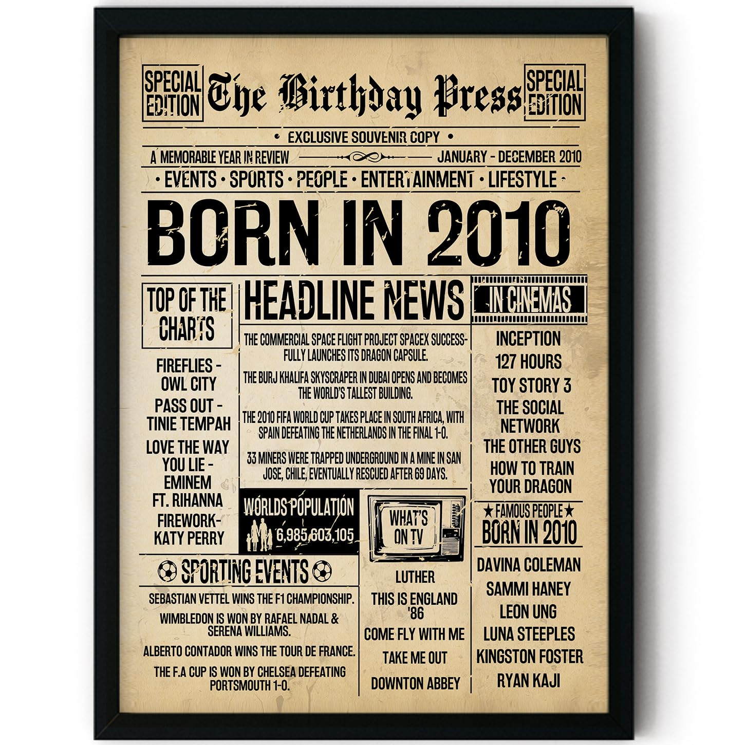 Stuff4 Girls 2010 16Th Birthday Poster Framed - Born In Vintage Newspaper - Happy 16Th Birthday Gifts For Boys Retro Back In 8X10 Inch Decor Decoration Bday Party
