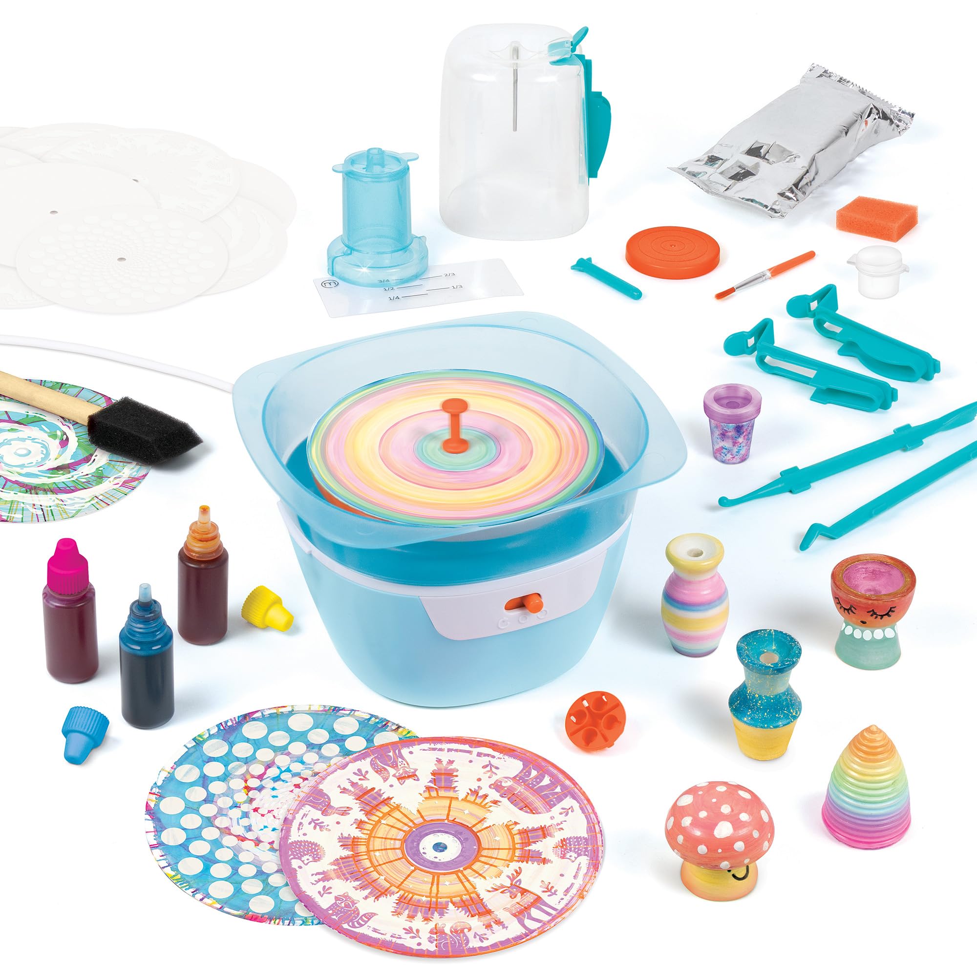 Make It Real Laboratorio di Piccola Ceramica e Spin Art 2 in 1 – Kit Creativo con Tornio per Ceramica e Spin Art Elettrica, Realizza 6 Creazioni in Argilla e 15 Opere Artistiche, Idea Regalo Creativa