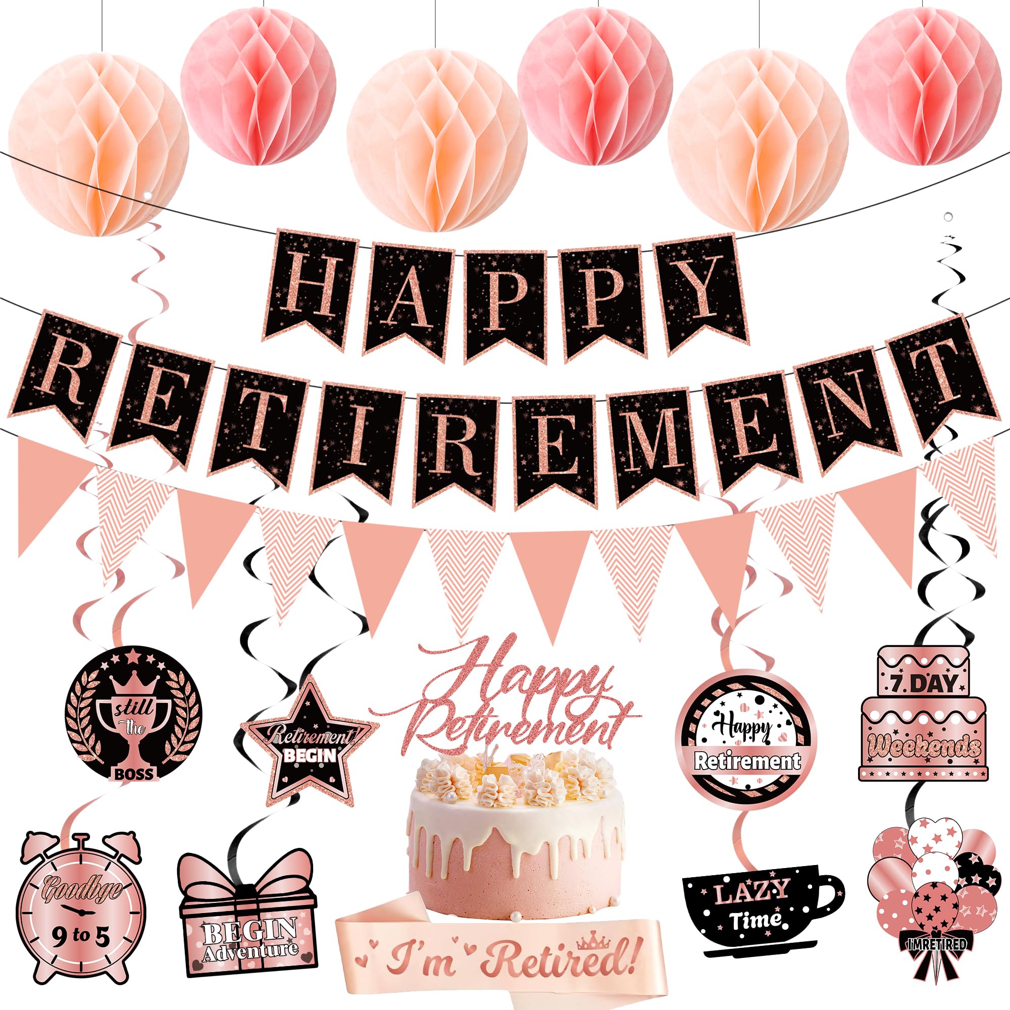 Happy Retirement Party Decorations Women - 18 Pcs Rose Gold Banner, "I’m Retired" Sash, Hanging Swirls, Bunting for Retirement Office Farewell Family Gatherings Anniversary Party Supplies