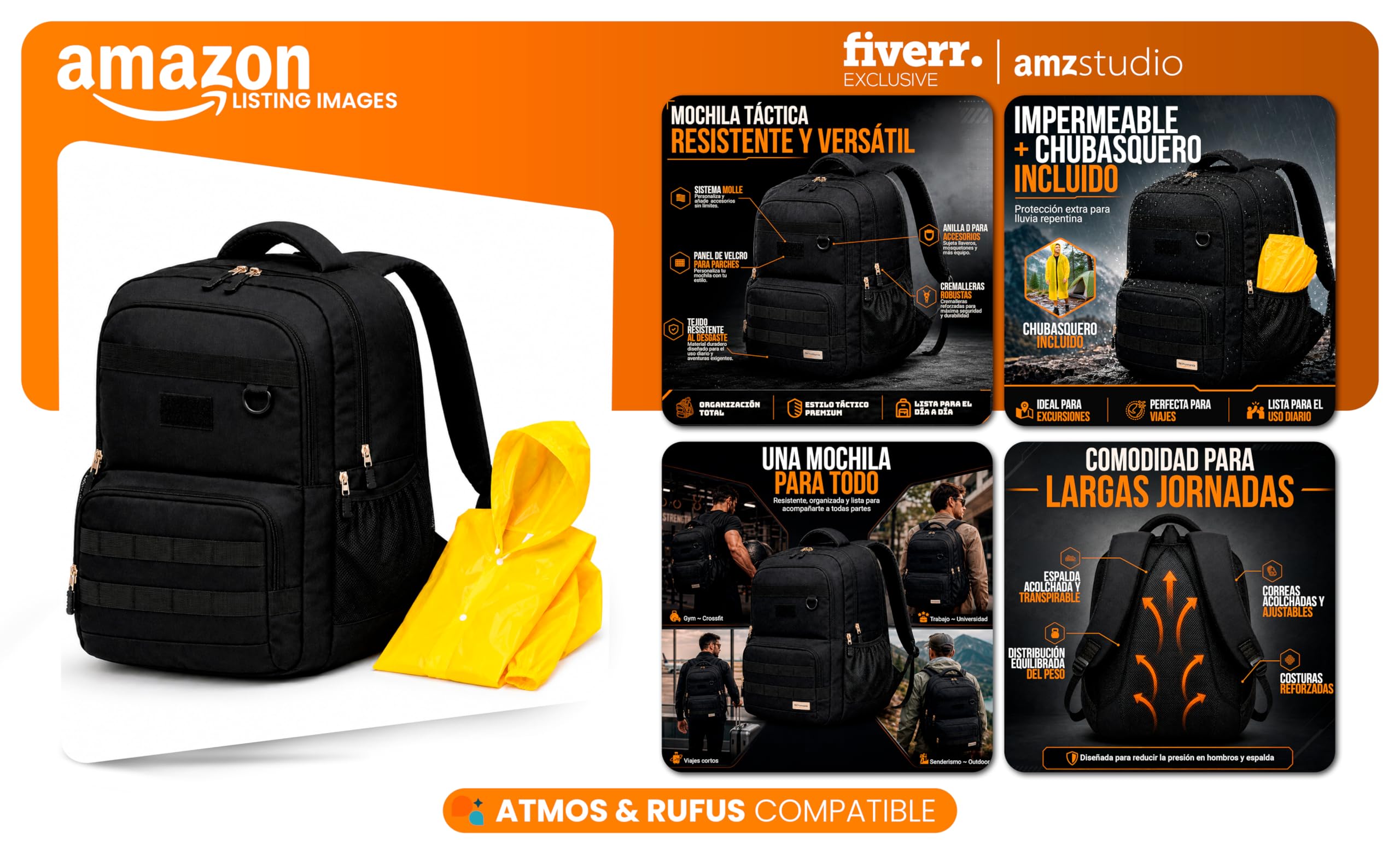 Mochila Táctica Militar 28L Impermeable con Sistema MOLLE y Chubasquero Incluido, Mochila Multifunción para Viaje, Trabajo, Senderismo y Uso Diario, Compartimento para Portátil