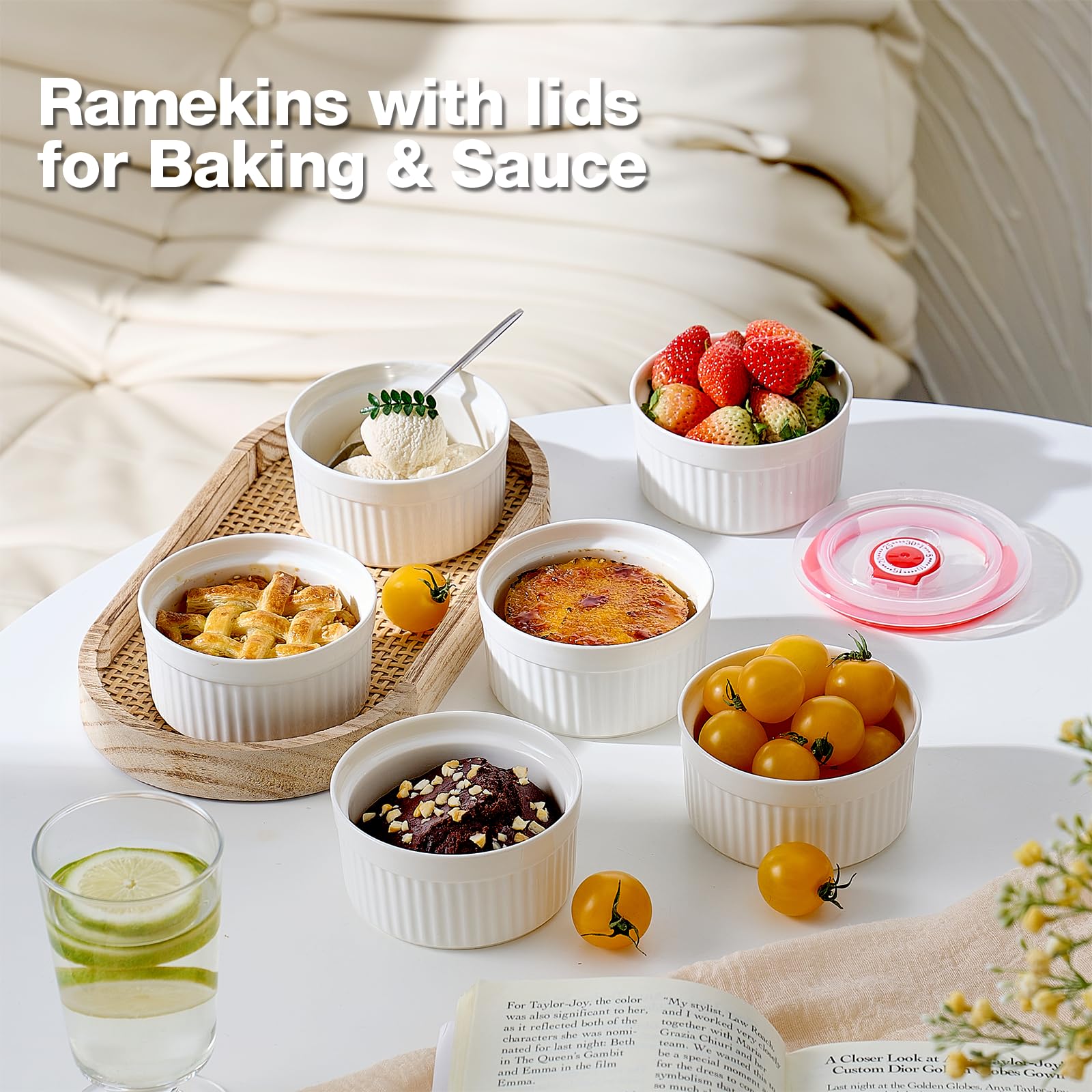 Mfacoy Ramequines con tapas, juego de 6 ramequines de porcelana de 8 onzas con cubiertas, tazas de natillas de pudín blanco para hornear, cuencos pequeños para salsas, postres, lavavajillas y horno