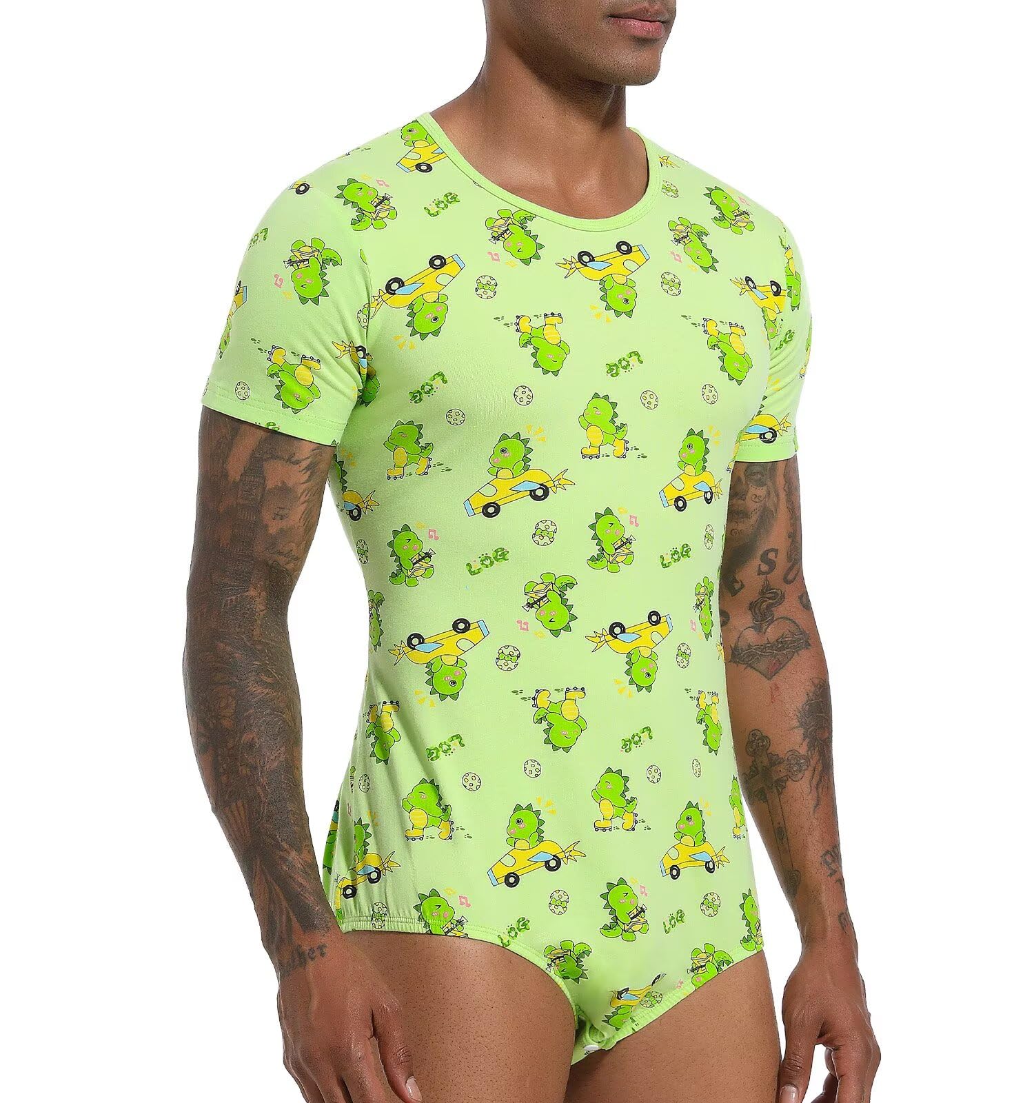 Landofgenie Onesie Mężczyźni Krótki Rękaw Bodysuit One Piece Pidżama Rompers Dinosaur Rudy