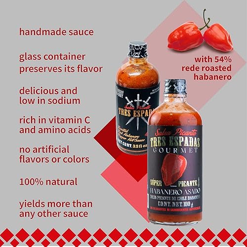 Miniatura 9 de Tres Espadas  Paquete de 3 unidades de salsa picante habanero  Pimienta habanero  Receta gourmet mexicana  Botellas de salsa picante de 3.5 onzas