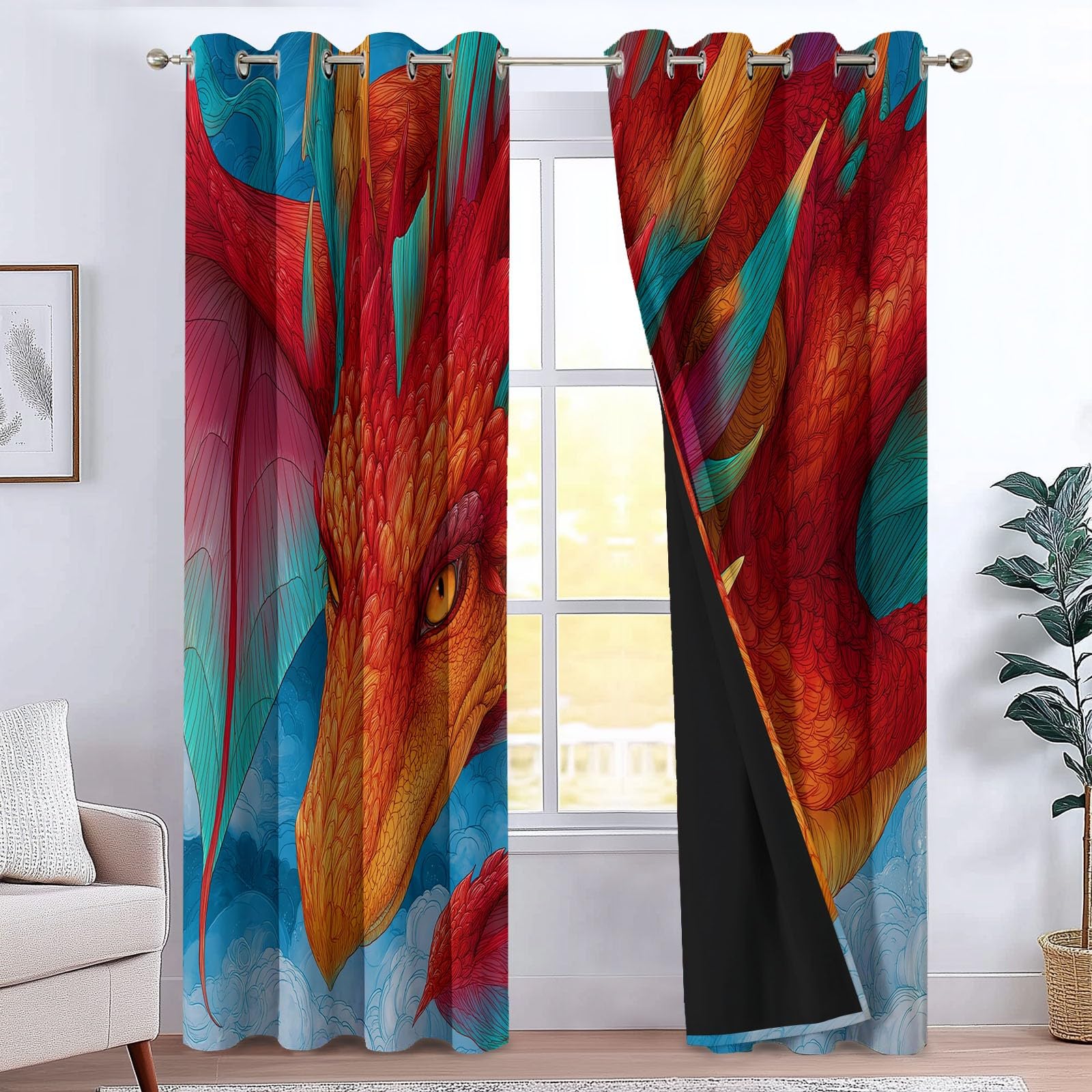 Generico 110 x 215 cm Zasłony 2 panele, anime morze chmury niebo smok zasłony zaciemniające do okien, niebieskie zielone zasłony dekoracyjne dla dzieci chłopców dziewcząt sypialnia i salon kuchnia