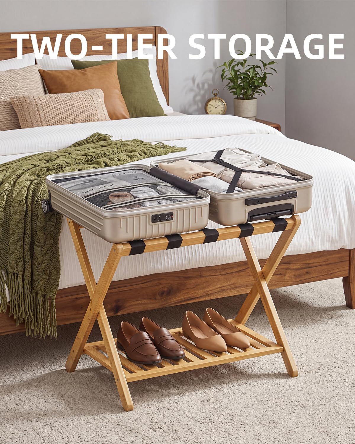 SMIBUY Porte-bagages, support de valise pliable en bambou avec étagère de rangement pour chambre d’amis, chambre, hôtel, robuste (naturel et noir)