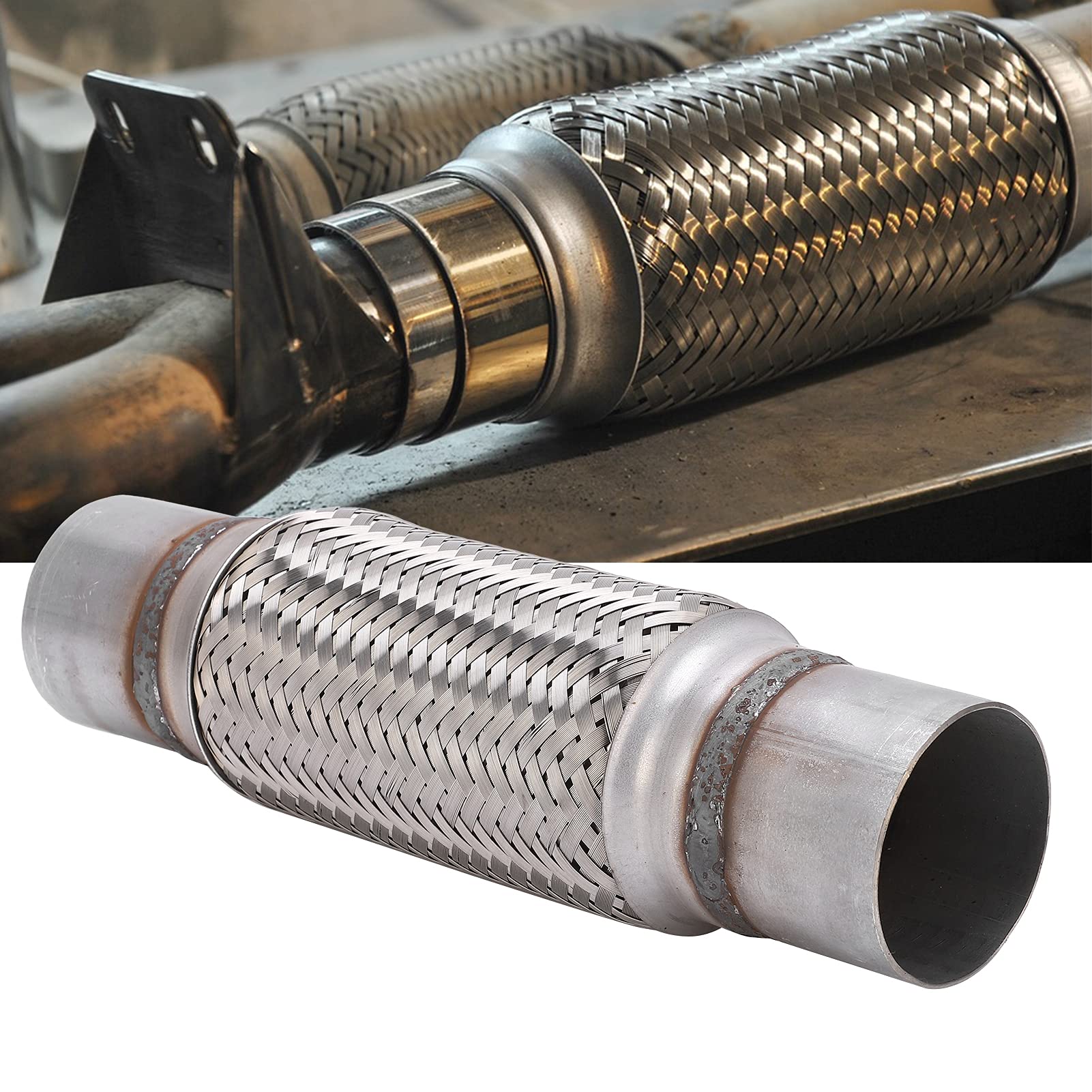 Akozon Tubo flexible de escape de 2,5 x 12 pulgadas Acoplamiento de tubo flexible de escape tejido para coche Tubo de escape trenzado Tubo de junta flexible corrugado de acero inoxidable para cam