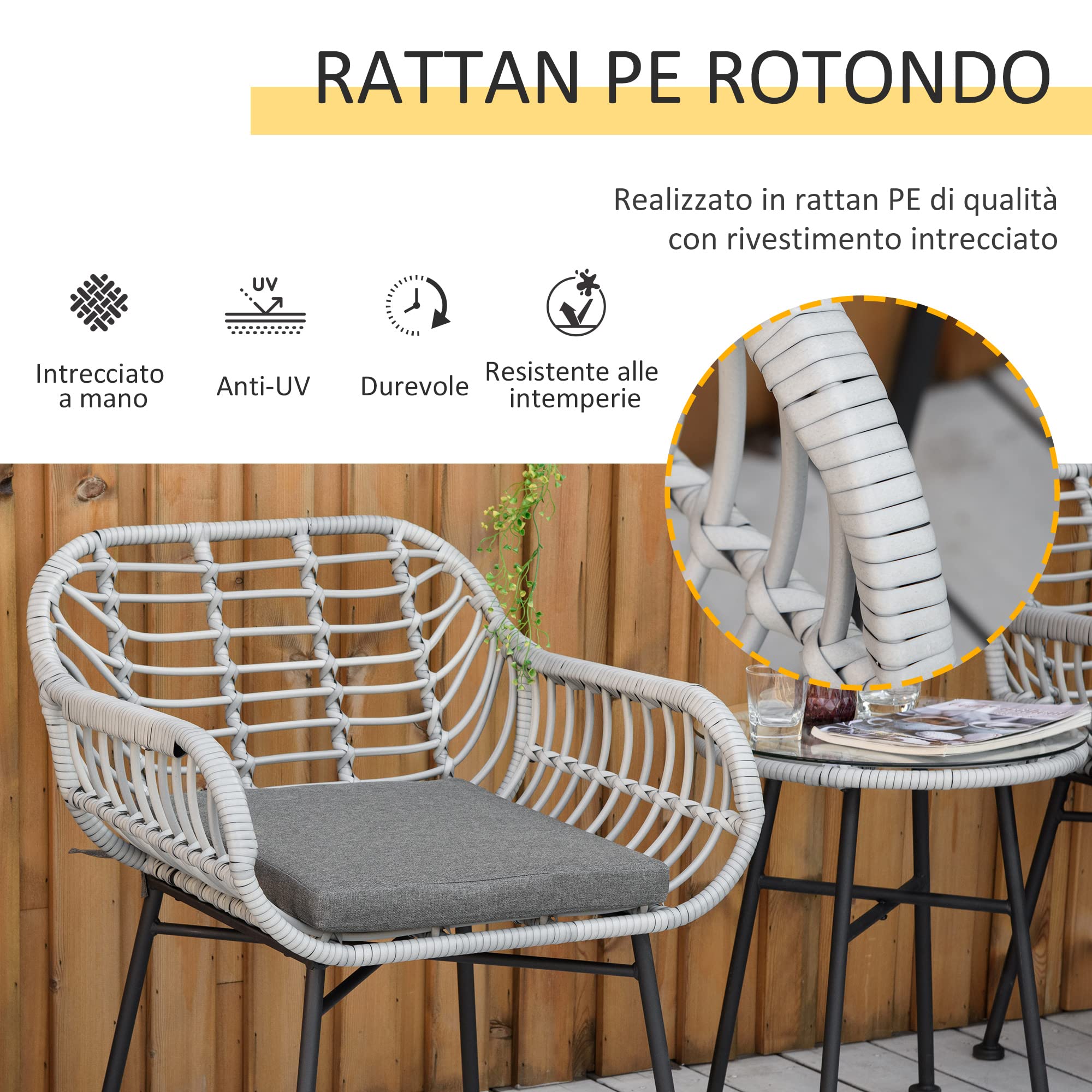 Outsunny Set Mobili da Giardino in Rattan PE 3 Pezzi, Salotto da Esterno con 2 Sedie e Tavolino in Vetro, Grigio