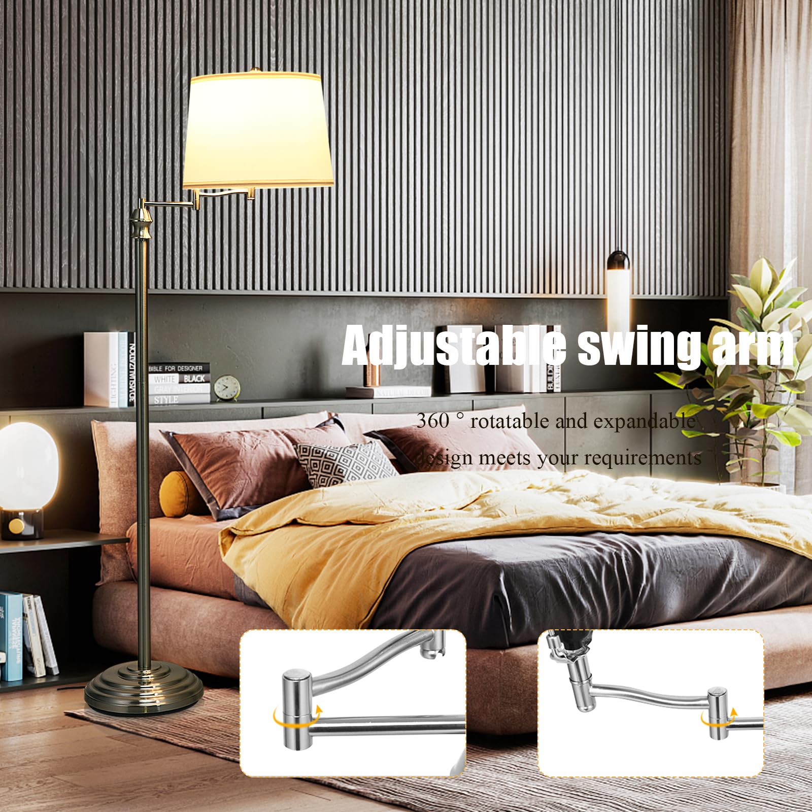 HOMASIS Lampada da Terra, Lampada da Piantana, Lampada Girevole ed Estensibile con Paralume Beige in Tessuto e Base Stabile in Ferro, Senza Lampadina, E27,40W, per Salotto, Studio, 28,5 x 152 cm