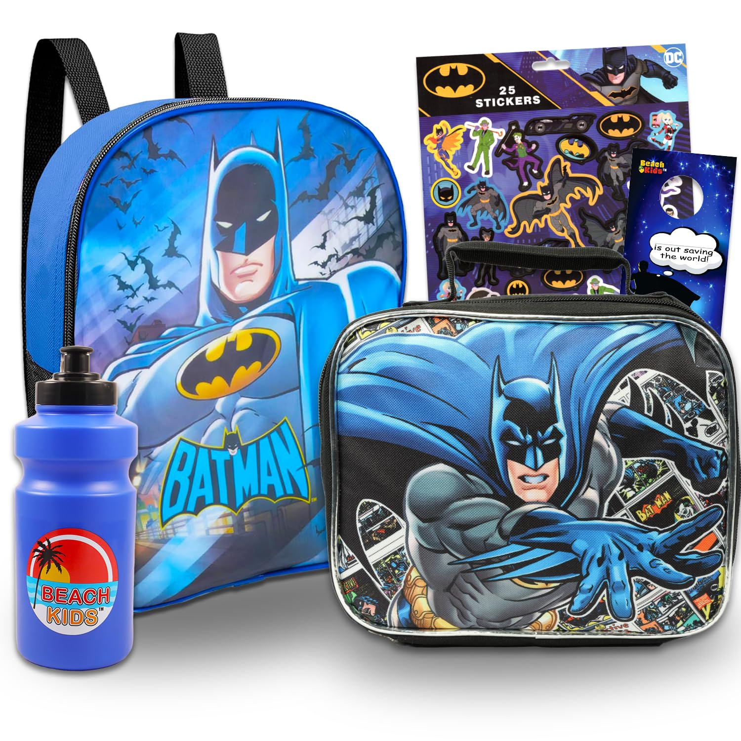 Batman Backpack and Lunch Box Set - Mini Batman Backpack for Toddlers Bundle Includes 11" Small Backpack and Insulated Lunch Box Plus Stickers, Water Bottle, More | Batman Mini Backpack