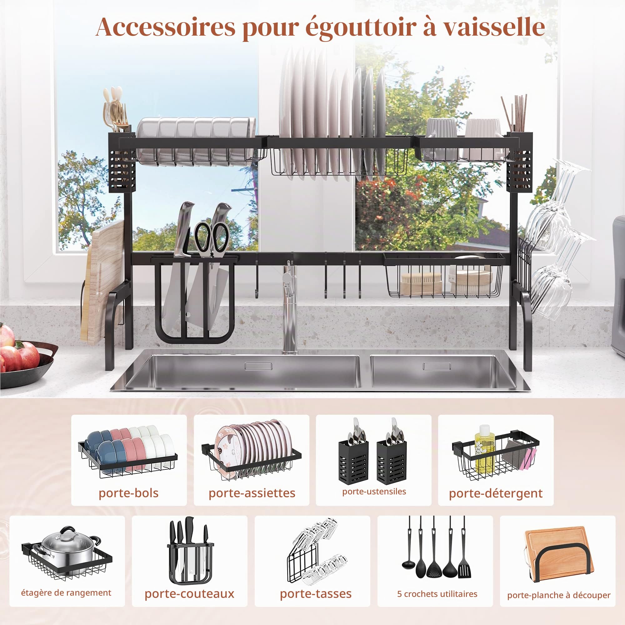 HOMCOM Égouttoir 2 Niveaux avec Crochets 100 cm Acier Noir