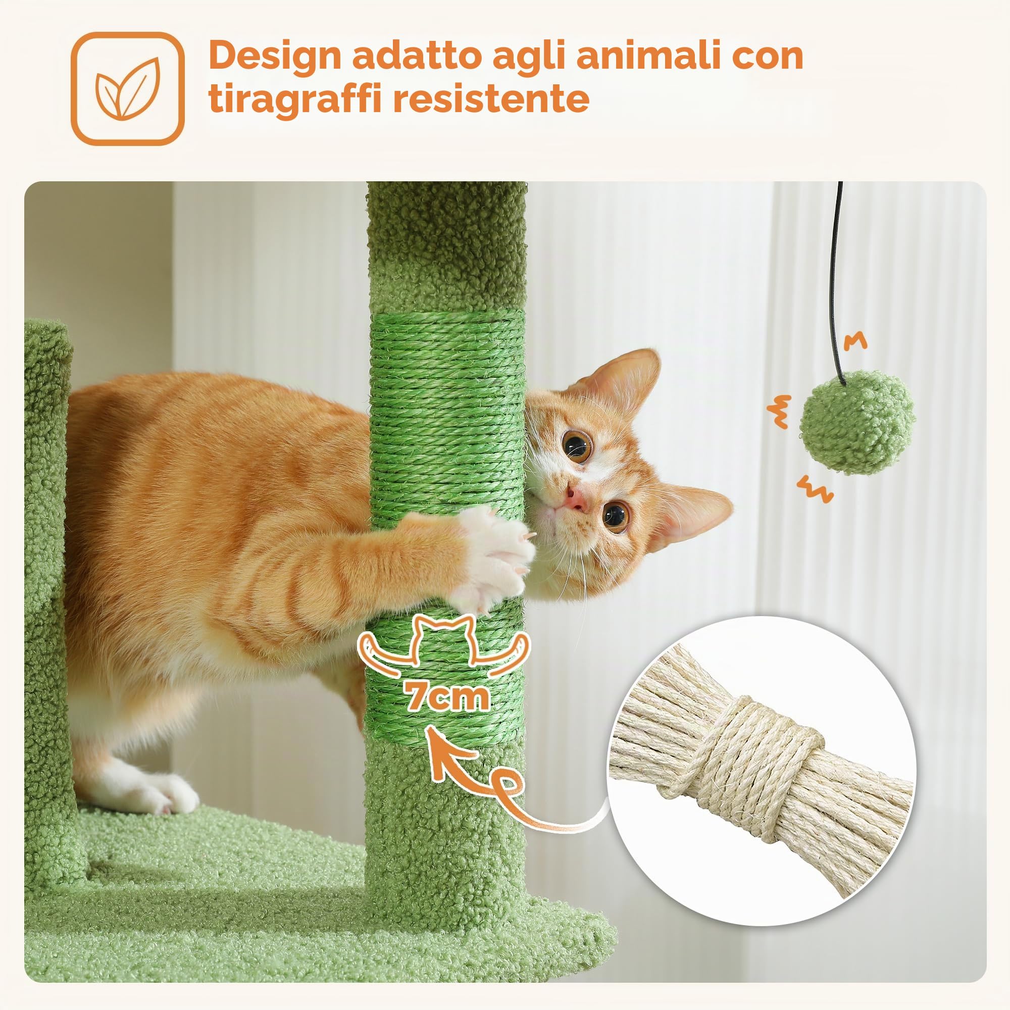 PETEPELA Albero tiragraffi cactus grande, multi-livello, per gatti di grandi dimensioni, con 6 colonna in sisal, 2 tavole, 2 piattaforme, 1 amaca, 2 palline da gioco, verde