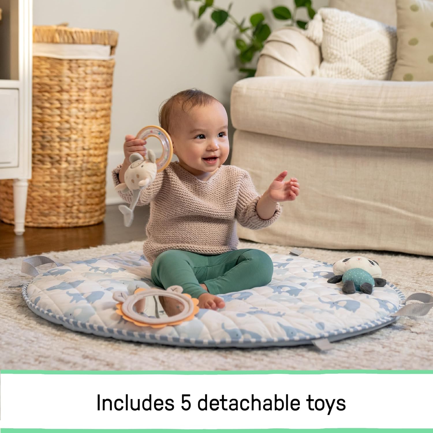 Ingenuity Cozy Spot Reversible Duvet Baby Play Gym & Play Mat with Wooden Toy bar - Elephant March (Neutral Safari), Newborn and up