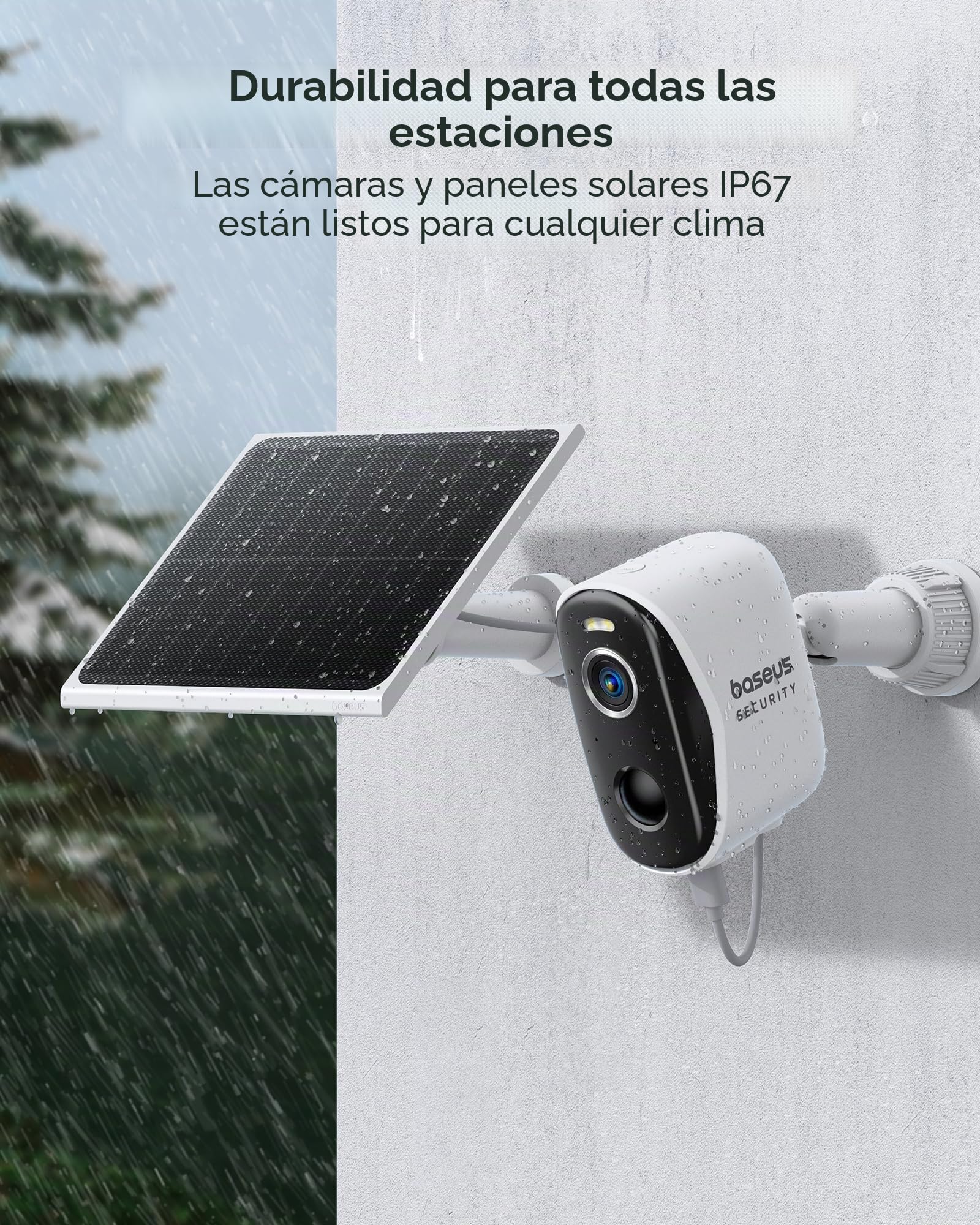 Baseus Cámara de Seguridad para Exterior Solar Inalámbrica 16TB Almacenamiento Expandible, Energía Eterna, IP67, Visión Nocturna, Cámara 2K de Vigilancia WiFi con Panel Solar, 16GB de Almacenamiento