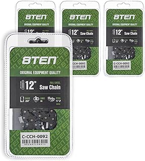 8TEN Full Chisel Chainsaw Chain 12 Inch .050 3/8 LP 44DL for Stihl MS170 Husqvarna 327PT5S Poulan PLN1514 (4 Pack)