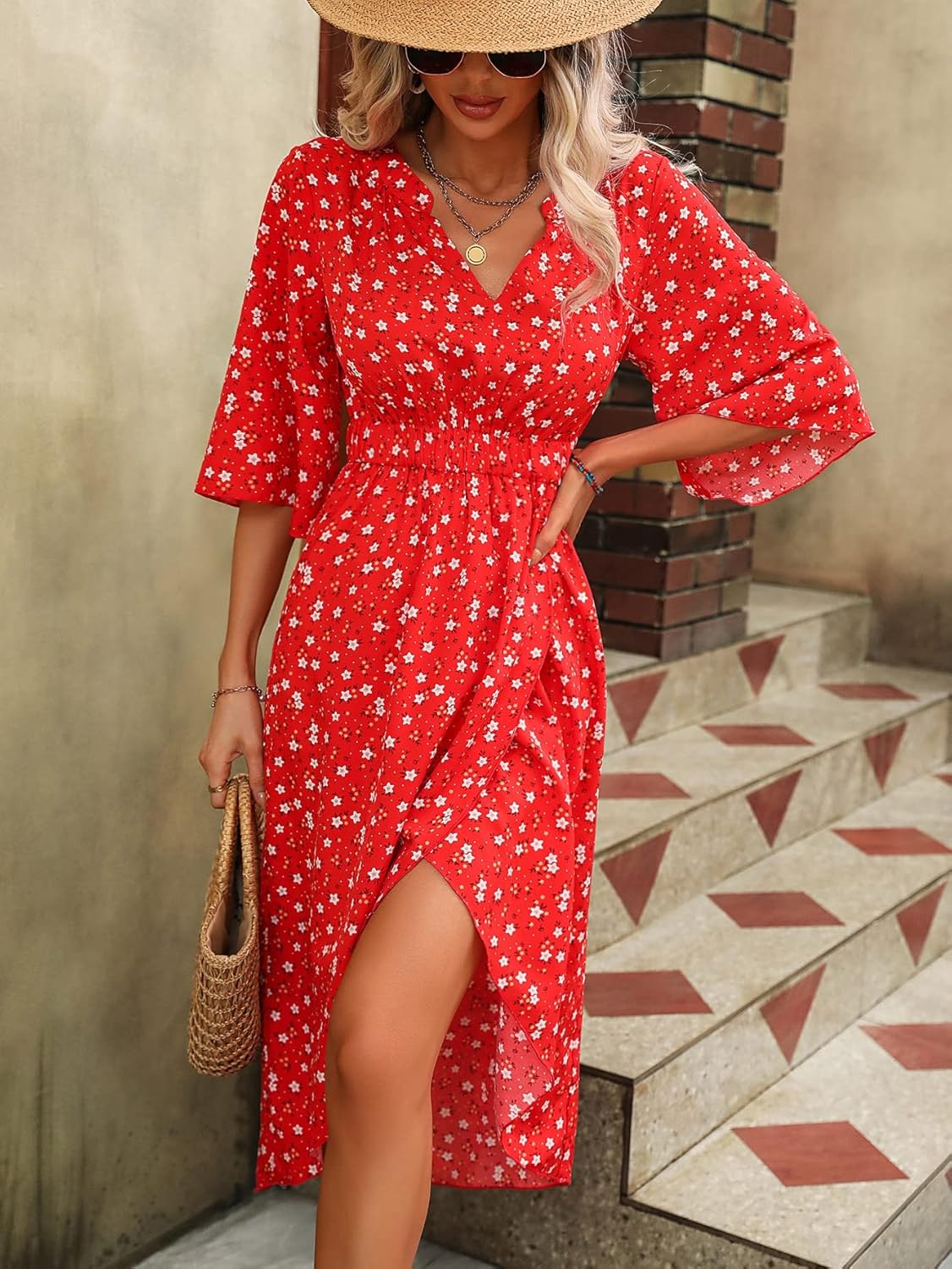 SweatyRocks Women's Half Sleeve Floral Print Wrap Dress Boho V Neck Flowy A Line Midi Dresses - Image 3