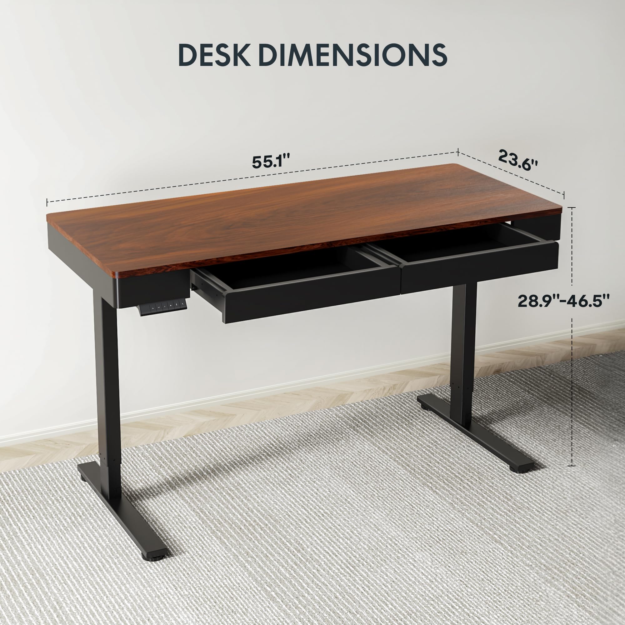Desk dimensions showing length, width, and height range