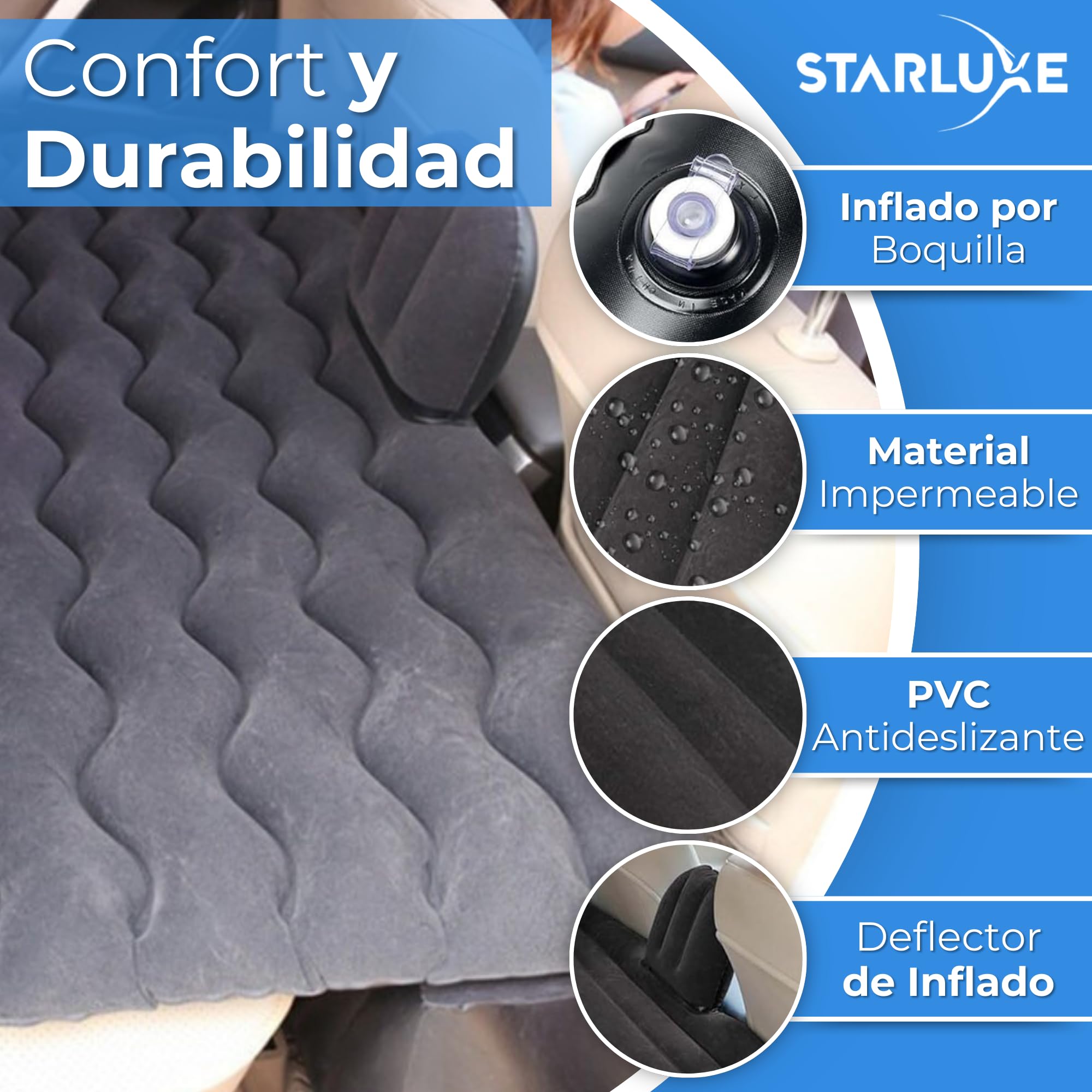 Colchón para Coche Negro con Bomba de Aire Eléctrica - Cama Hinchable para Asientos Traseros