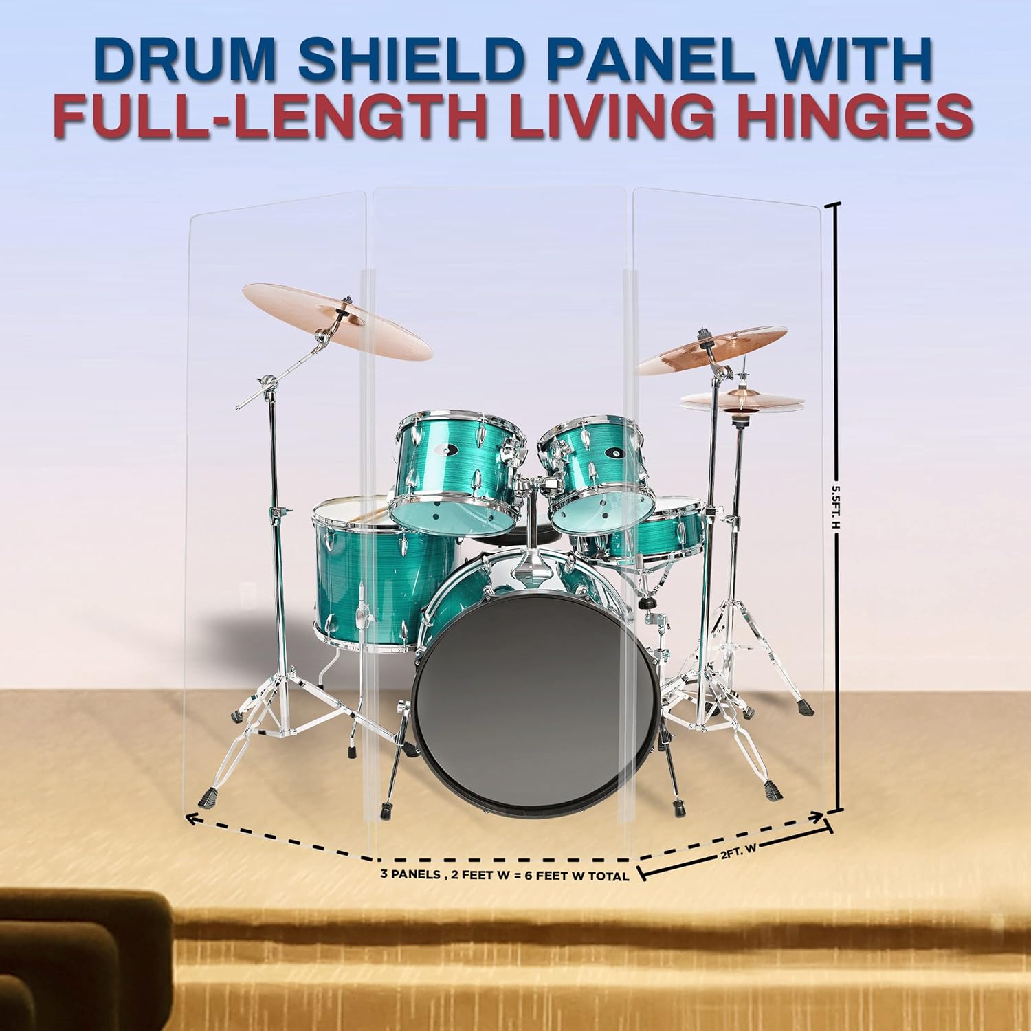PENNZONI Drum Shield 5.5ft w/Plastic Hinges, Comes w/ 3 Drum Panels & 2 Plastic Hinges, Premium Clear Acrylic Panels, Drum Screen