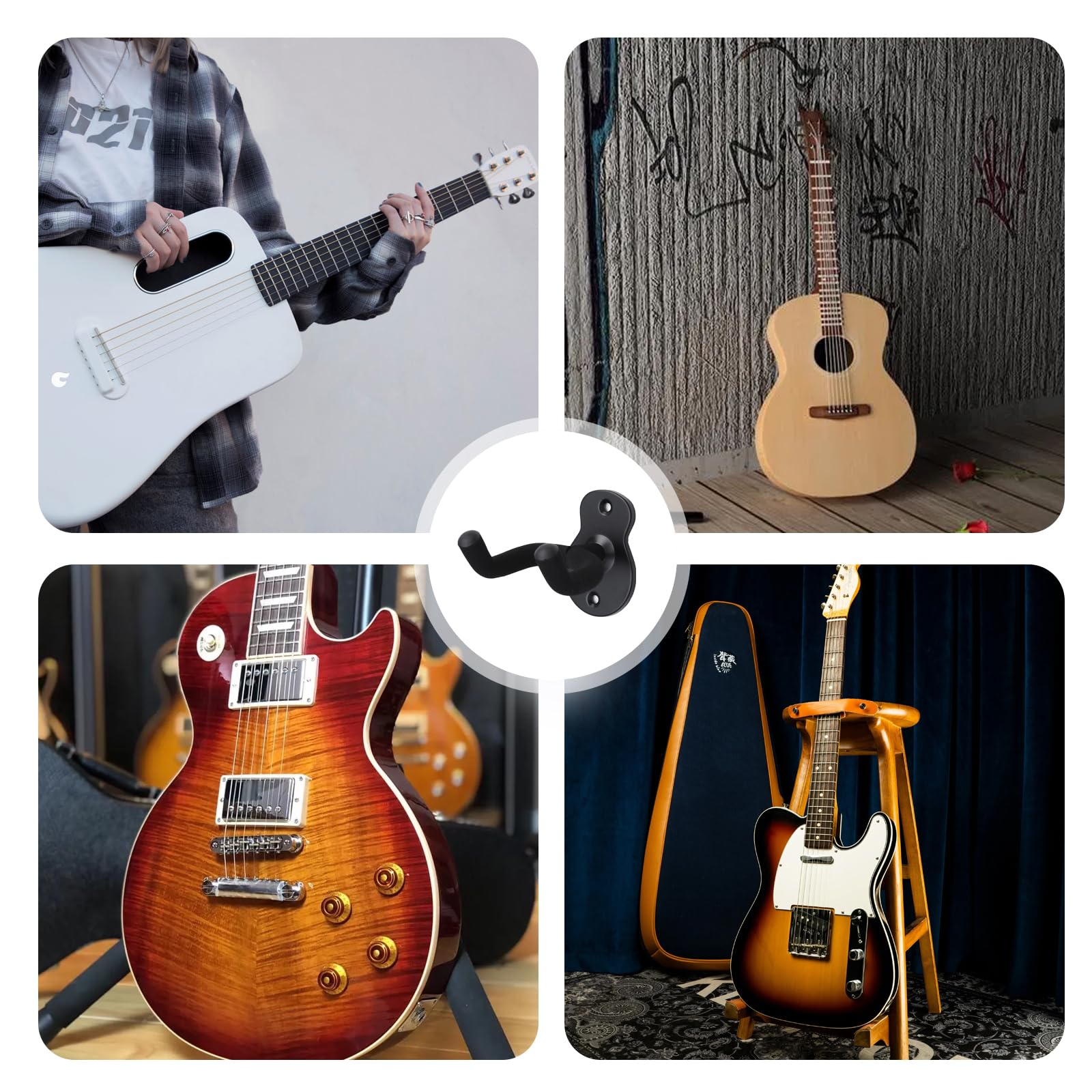 Support Guitare Mural avec éponge de Protection, Accroche Guitare Mural en Métal, Porte Guitare Mural Hooks pour All Guitares, Basse, Banjo, Avec vis
