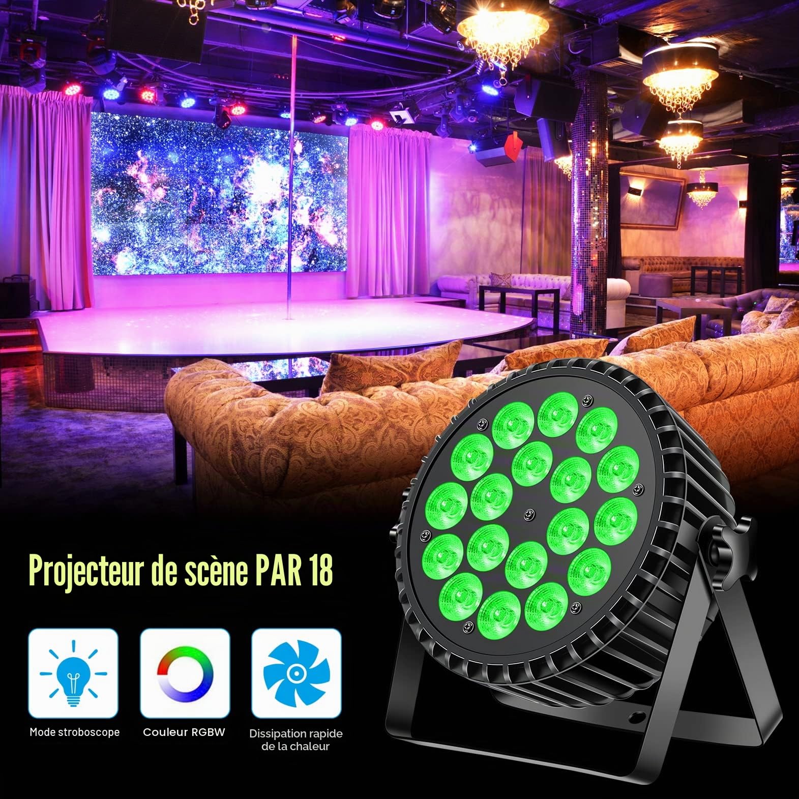 LED Par Projecteur 200W 18 LED Lumière de scène Lumière de discothèque 8CH Par LED Lumière RGBW DMX Strobe Sound Mode actif Eclairage DJ Effet de lumière pour show Bar KTV Party Halloween 2pc