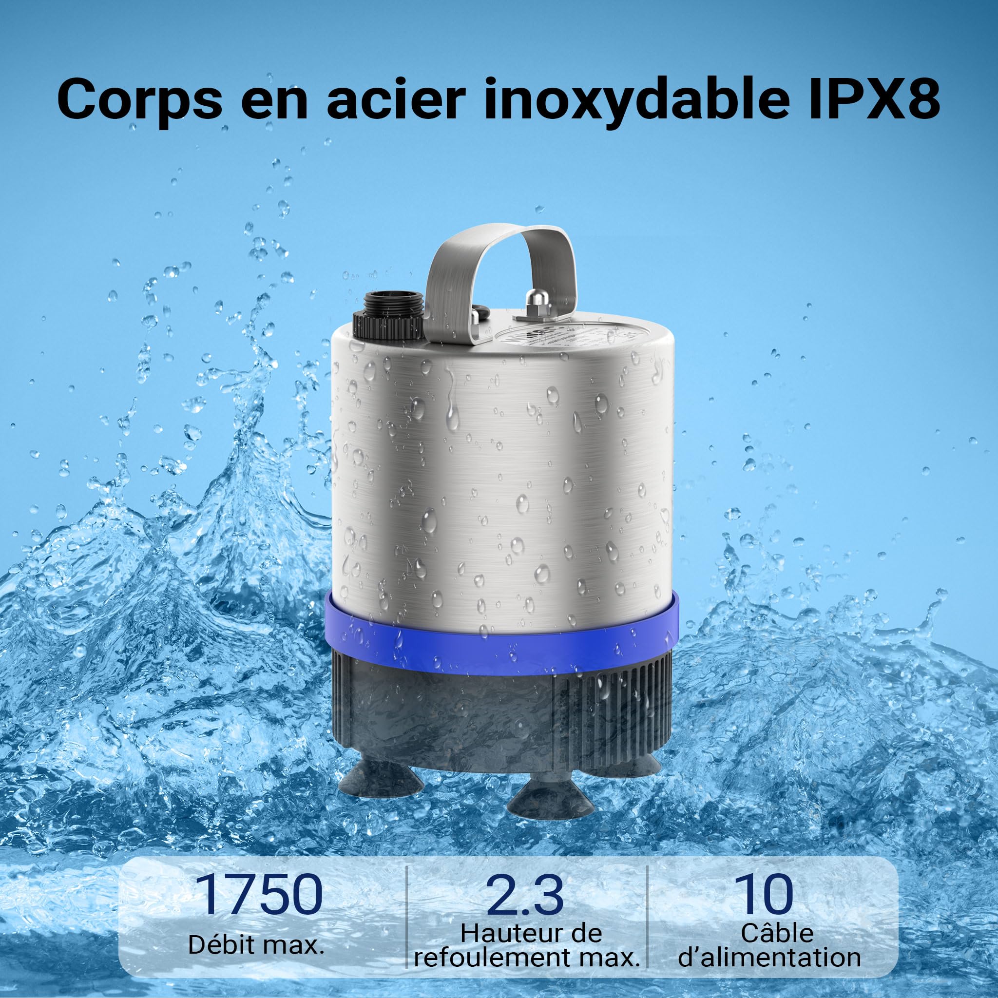 SunSun Pompe de fontaine - 110 x 110 x 180 mm - 50 W - 1750 l/h - refoulement 2,3 m - en Acier fin - avec 3 Embouts pour différents Jets - Pompe à eau Bassin