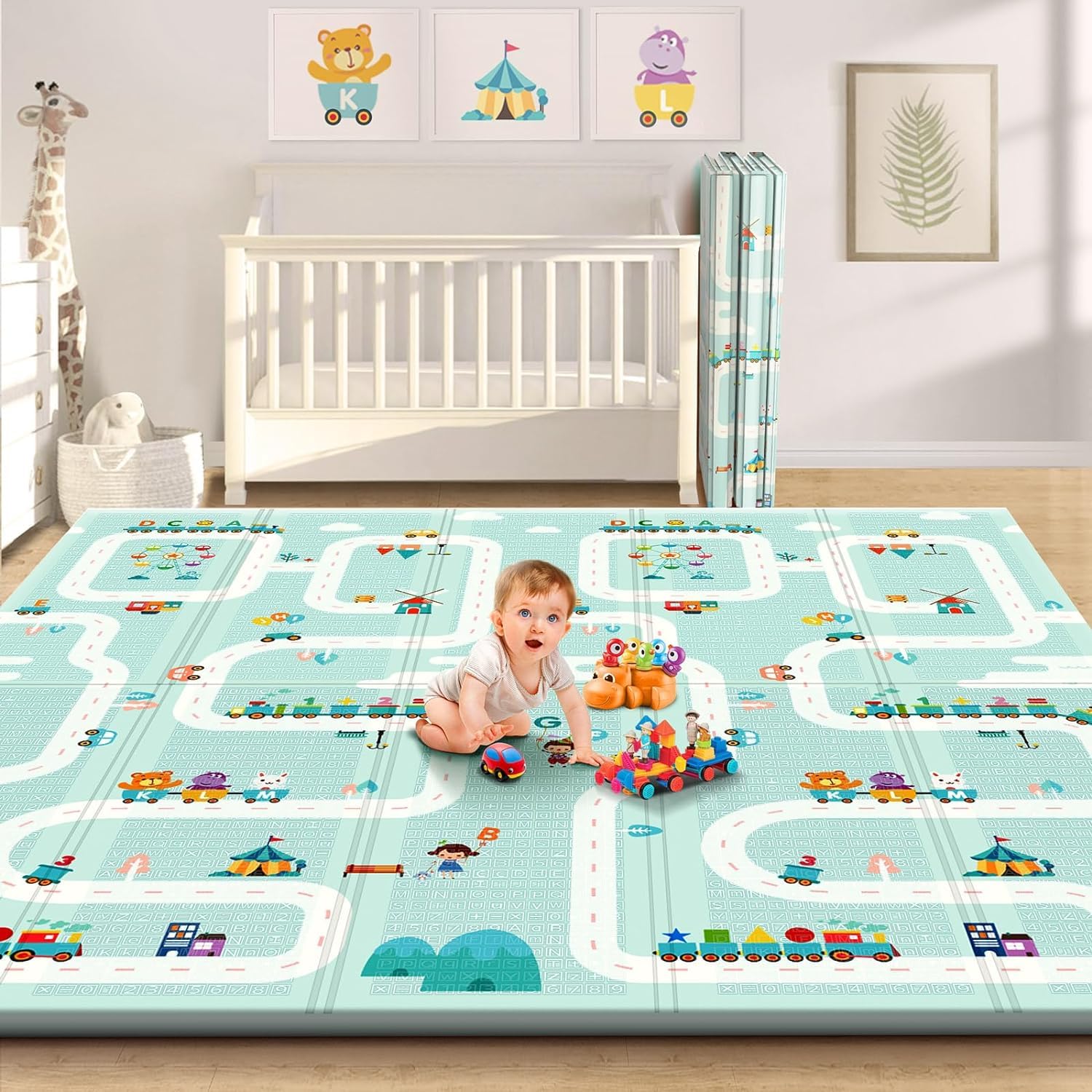 XICEN Baby Play Mat, 200 * 180 CM Baby Crawling Mat, سجادة زحف للأطفال, with Travel Bag Foldable Extra Thick Soft Foam Non-Slip Double-Sided Waterproof Playmats for Floor Play (City&Forest)
