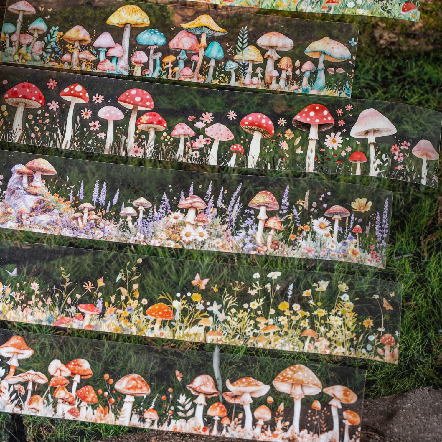 Alideco 6pcs Decorative Adhesive Tapes Vintage Flowering Mushroom PET Tape Great for Bullet Journal Supplies, Arts, Scrapbook, DIY Crafts, Planners (