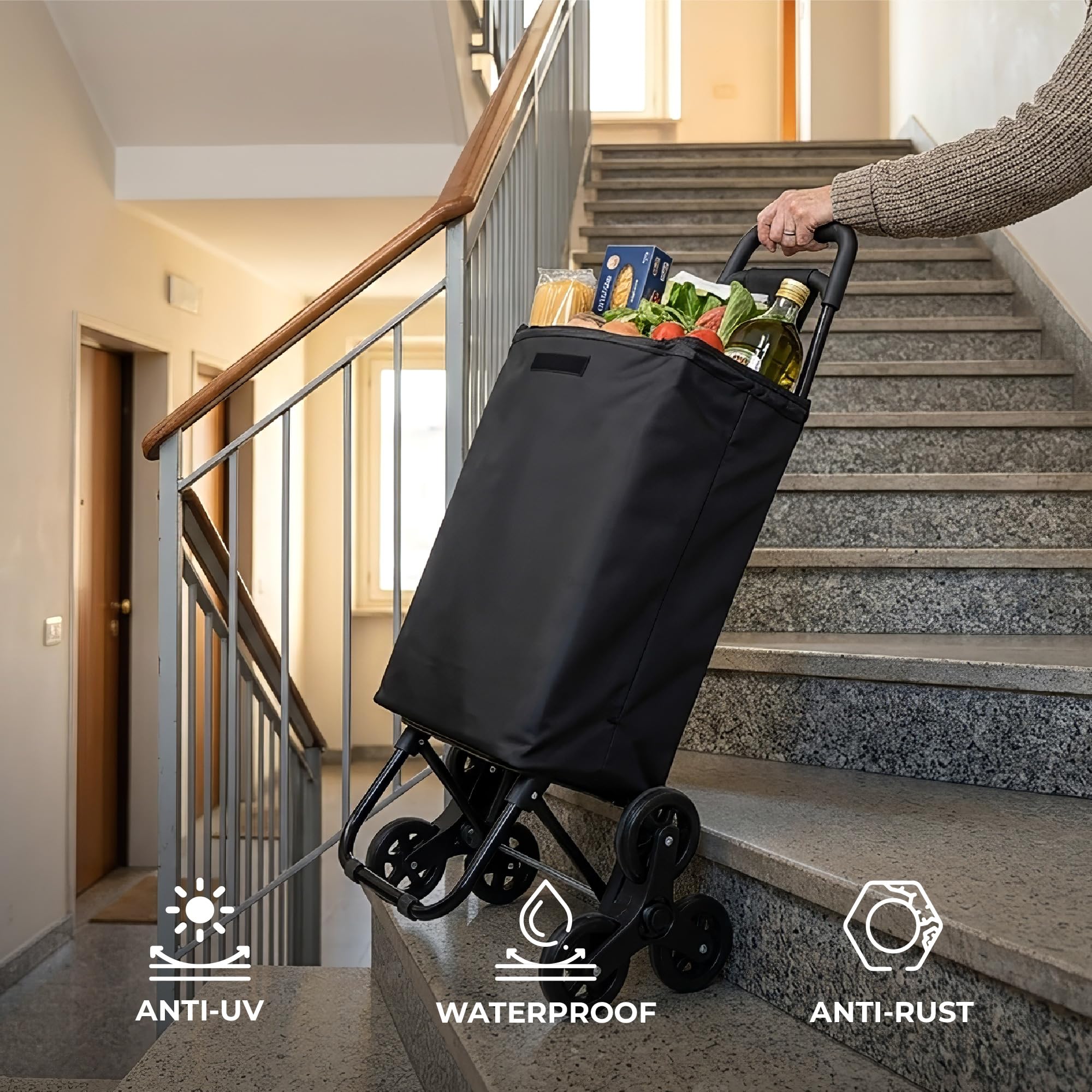 IlGruppone Carrello Spesa Saliscale 6 Ruote Pieghevole con Borsa Impermeabile, Porta Spesa per Scale Supermercato e Casa, Struttura in Acciaio - Nero