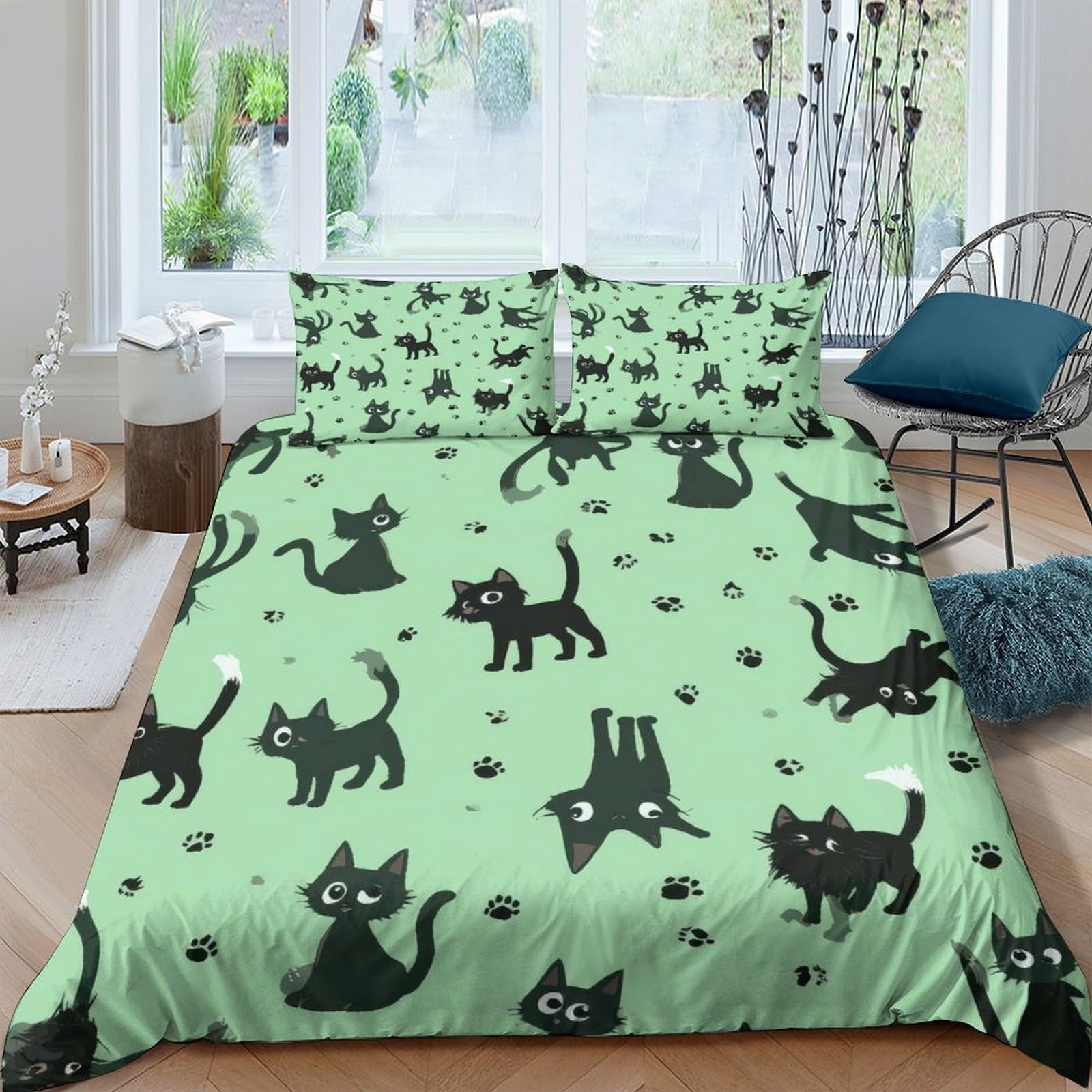 Ctjqhvkz Style-3 3D Printed Green Black Cat Fitted Sheet Microfiber Soft Breathable Cartoon Kitten Mattress Cover For Bedroom Guest Room Decor Single（135X200cm）