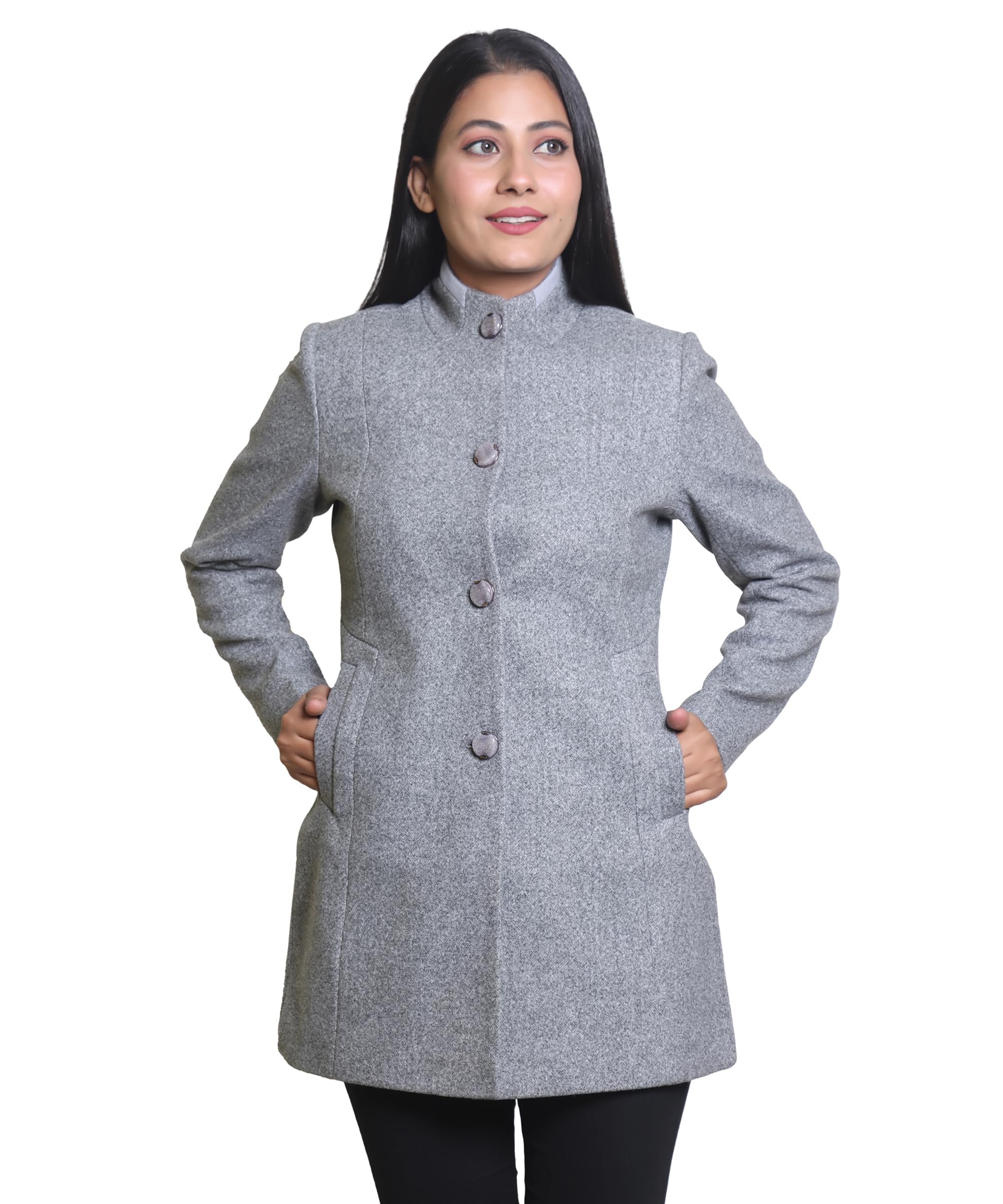 Comfy SparrowWomen Solid Woven Hip Length Coat with Standing Ban Designer Collar