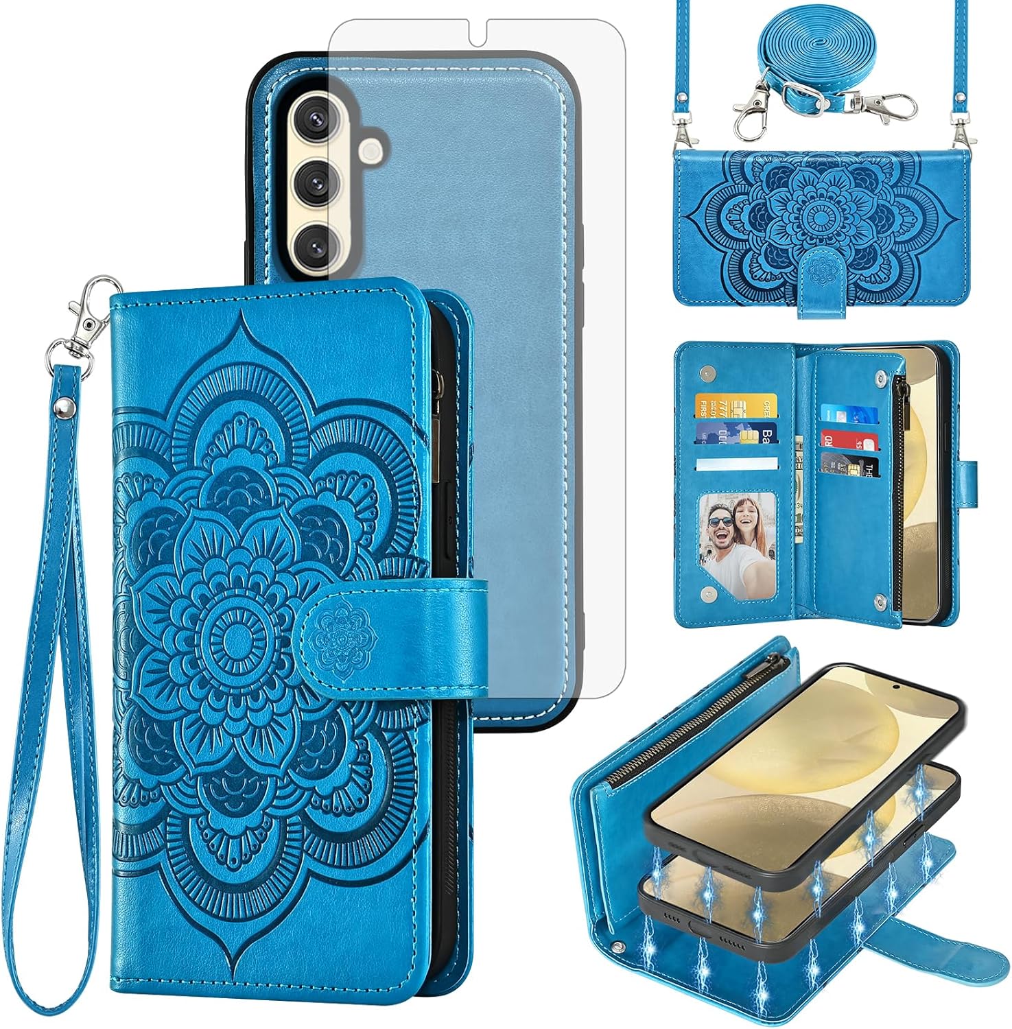 Asuwish Phone Case for Samsung Galaxy S24 5G Zipper Wallet Detachable Cell Cover with Tempered Glass Screen Protector Crossbody Strap Flower Flip Card Holder Slot S 24 24S G5 Women Men Girls Blue