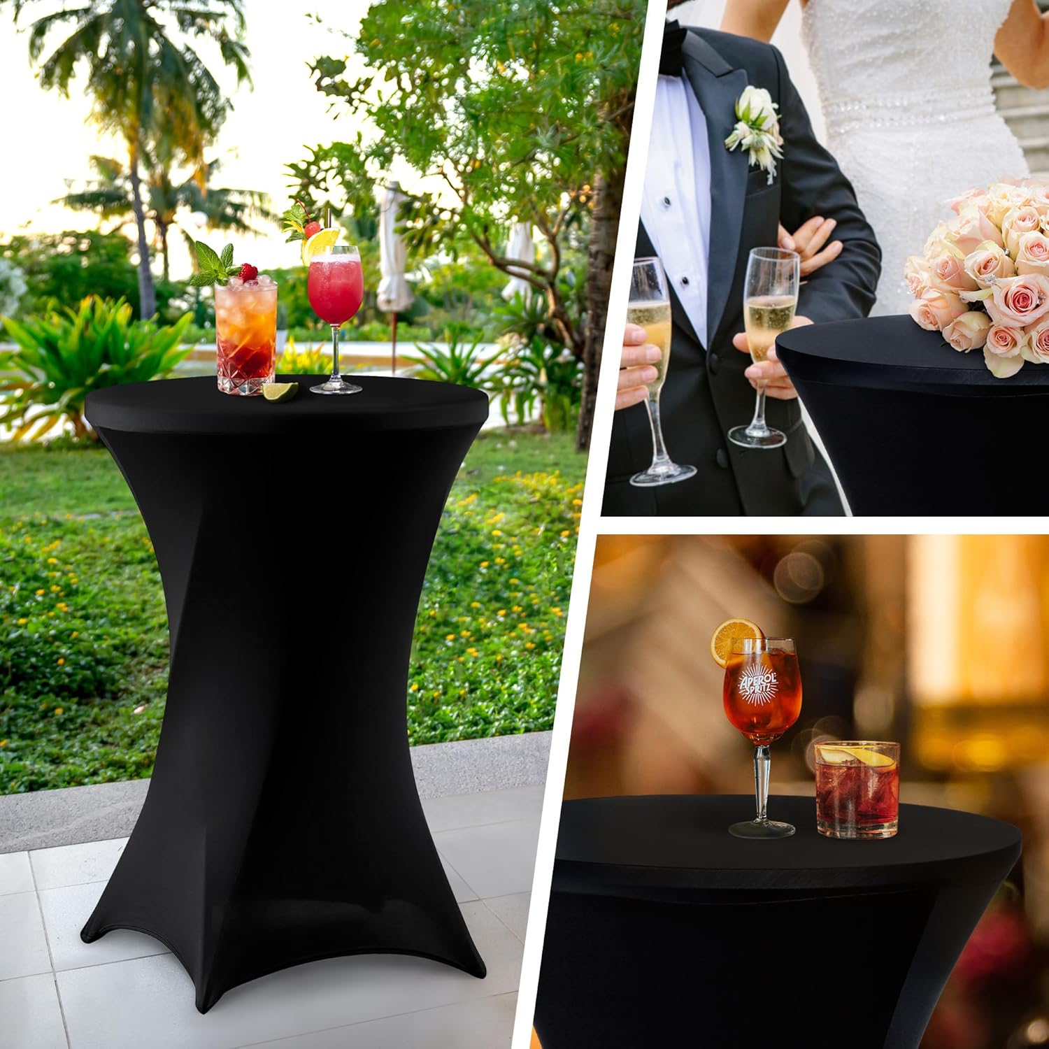 Wolkemer 4 Pack 30x43 Inch Spandex Cocktail Cover Black Stretch Table Cloths Fitted Tablecloth High Top Square Coners Table Covers for Wedding Birthday Party Bar Banquet Round Tables